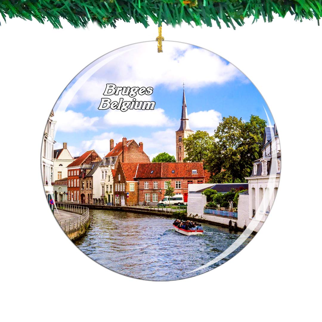 Weekino Belgium Minnewater Lake Bruges Christmas Ornament City Travel Souvenir Collection Double Sided Porcelain 2.85 Inch Hanging Tree Decoration