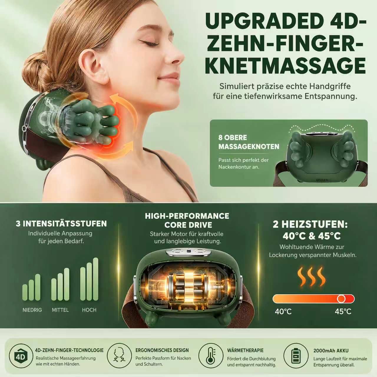 4D Nackenmassagegerät Mit Wärme, Massagegerät Nacken, Nackenmassage, Neck Massager Mit 3 Massagestufen 2 Temperaturstufen, Elektrische Schulter Massagegerät für Nacken,Zuhause,Büro,Reisen