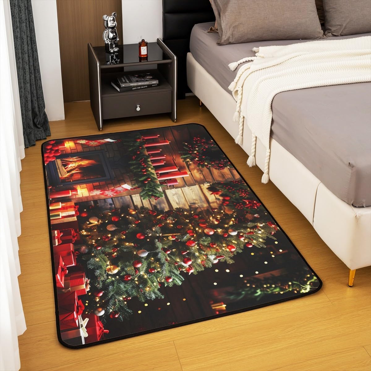 Alfombra Salon 3D Chimenea Navideña Alfombras Cocina Antideslizante árbol de Navidad Tapete Exterior, Alfombra Pasillo, 120 x 170 cm E-F621