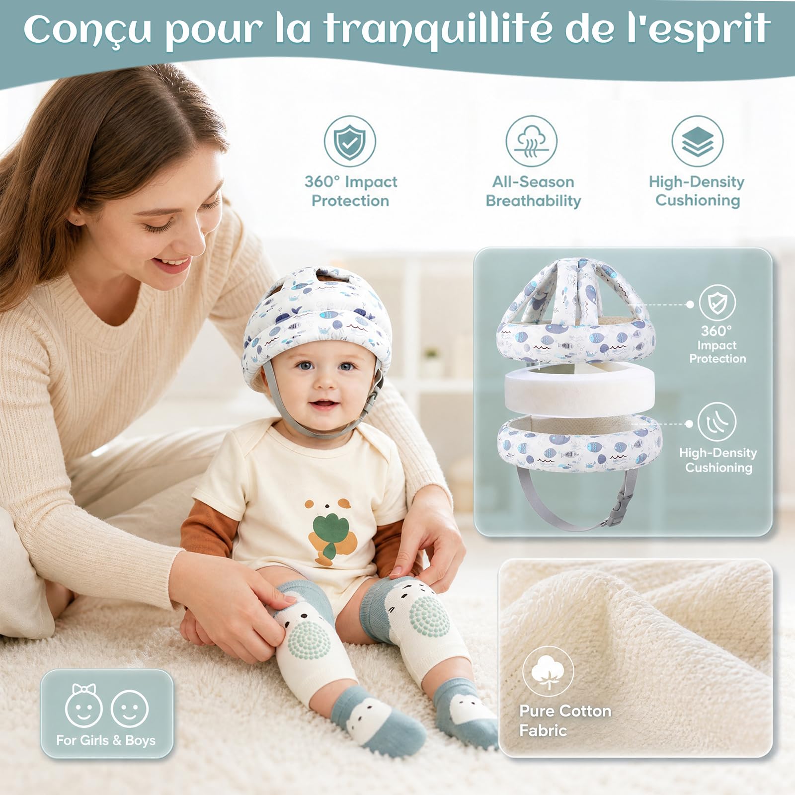 Solivive Casque Bébé Antichoc Protection, Anti Choc pour Bébé avec Longueur Réglable, Chaussettes Antidérapantes et Genouillères