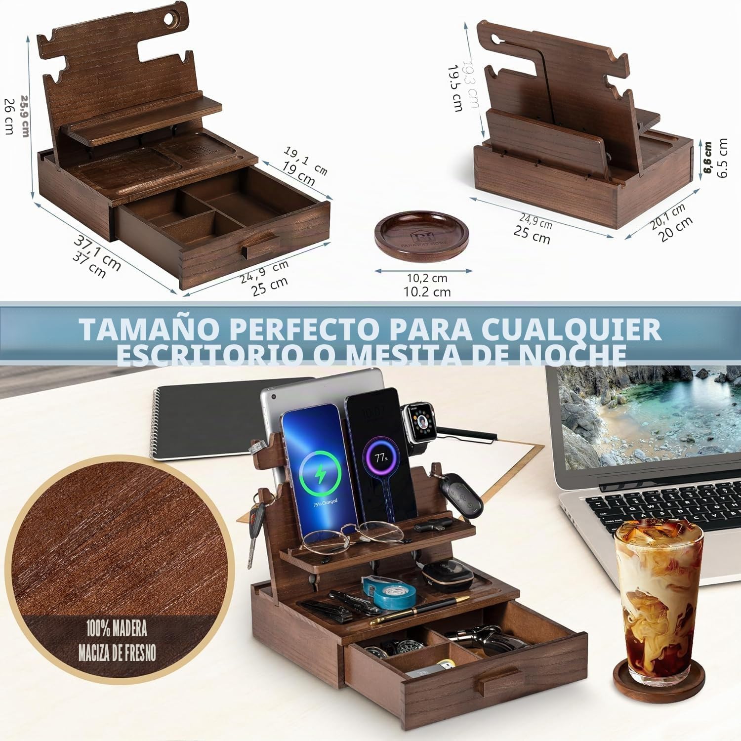 Estación de acoplamiento de madera para teléfono móvil con cajones, compatible con Apple - estación de carga de madera rack de almacenamiento, cabecera para hombre rack de almacenamiento para teléfono