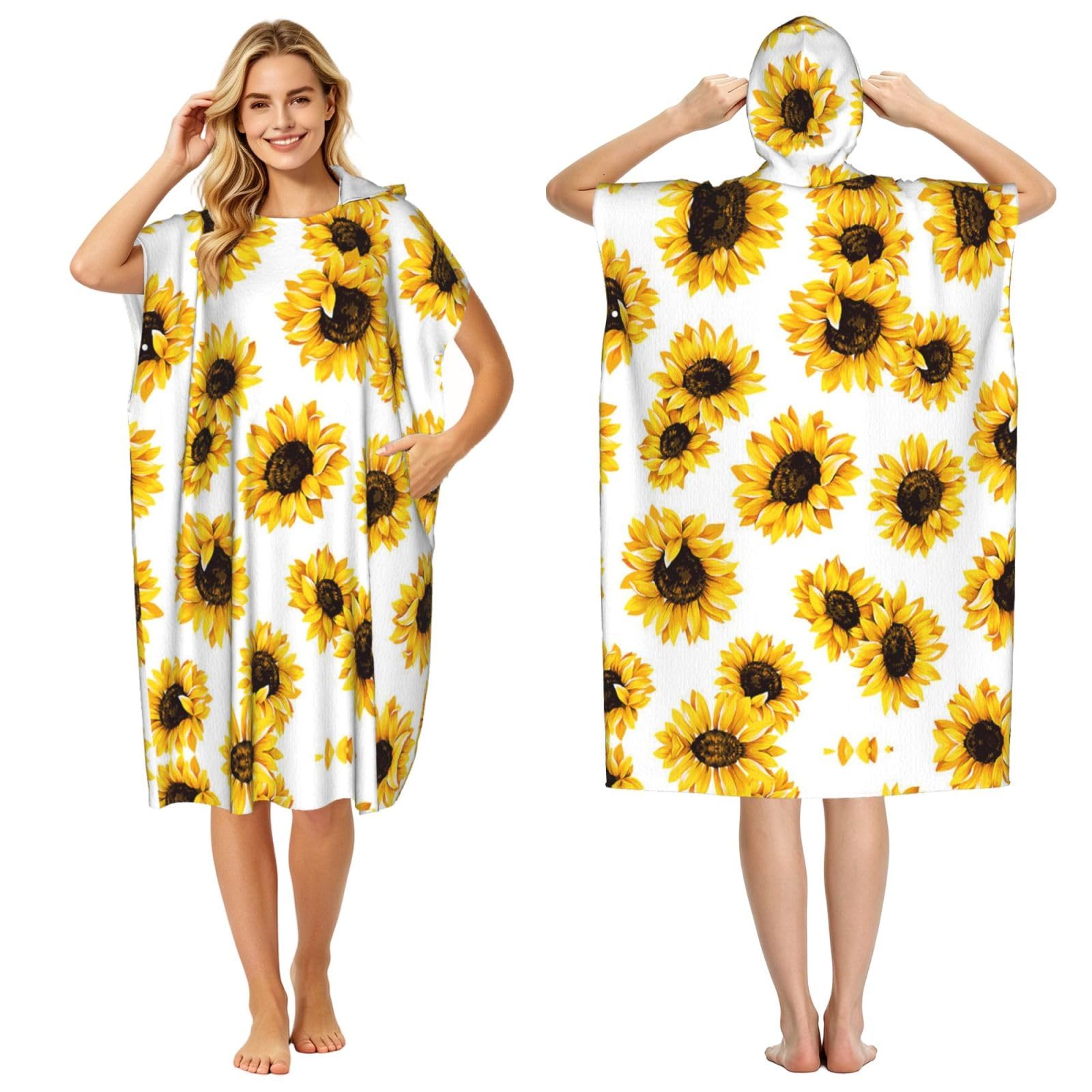 Sunflower Print Changing Robe, Hooded Towel Poncho For Swimming Pool, Beach,Quick Dry & Light Weight Towelling Poncho For Adults Women Men