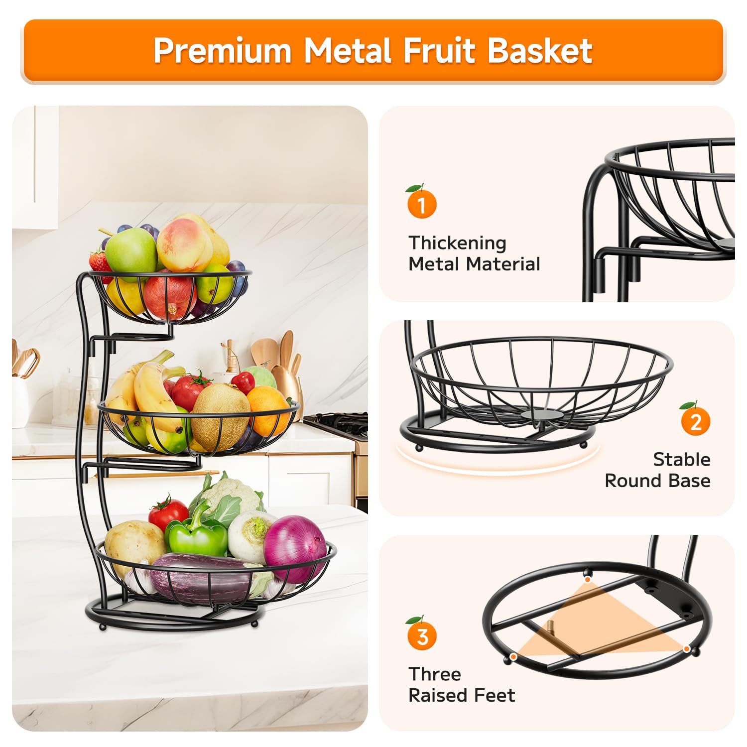 KreuRaxy 3 Tier Fruit Basket Bowl Holder for Kitchen Counter, Large Capacity Fruit Organizer Stand for Countertop, Space Saving Metal Wire Fruit Racks, Modern Design Tiered Fruit Storage, Black