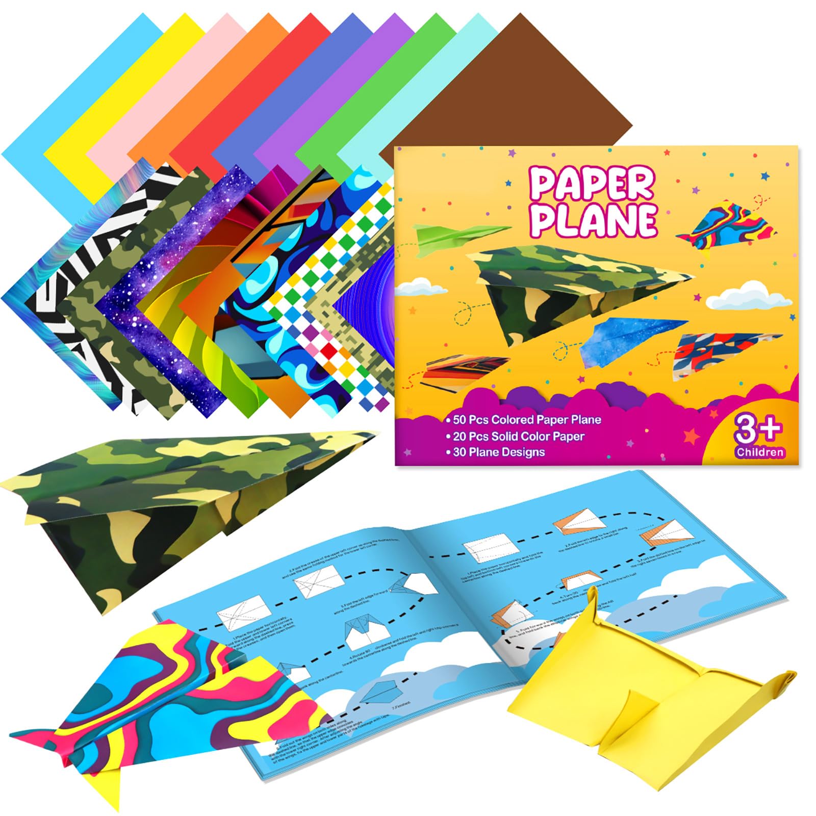 Coloured Paper A4 70 Sheets Origami Paper Craft Kits for Kids Paper Airplane Origami 50 Patterned Sheets 20 Solid Coloured Sheets, DIY Arts and Crafts Coloured Card Paper for Kids, Adults, Beginners