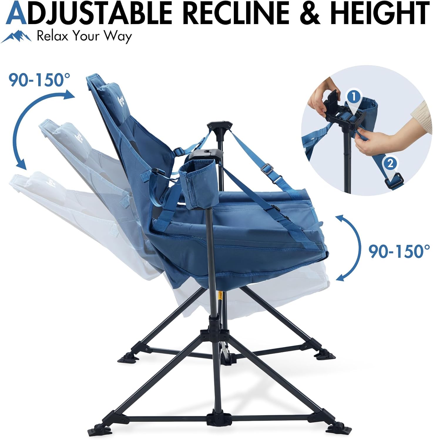 Portal Hammock Camping Chair Heavy Duty 400lbs - Swinging Chair Outdoor with Adjustable Recline & Headrest Pillow, Portable Hammock Swing Chair for Camping Beach Sports Events, Blue