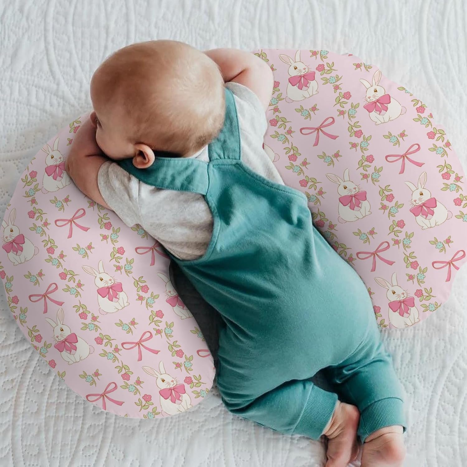 Preppy Bunny Easter Baby Nursing Pillow Covers for Boy Girl Pink Easter Rabbits Bows Floral Nursing Pillow Slipcovers for Breastfeeding Pillows Spring Garden Soft Stretchy Cover for Newborn Infant