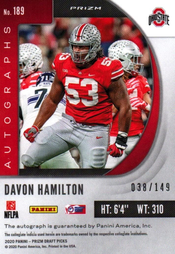 Davon Cameron Autographed & Serial Numbered 038/149 Panini Prizm Rookie Card Collectible Football Card - 2020 Panini Prizm Rookie Football Card #189 (Ohio State) Free Shipping & Tracking