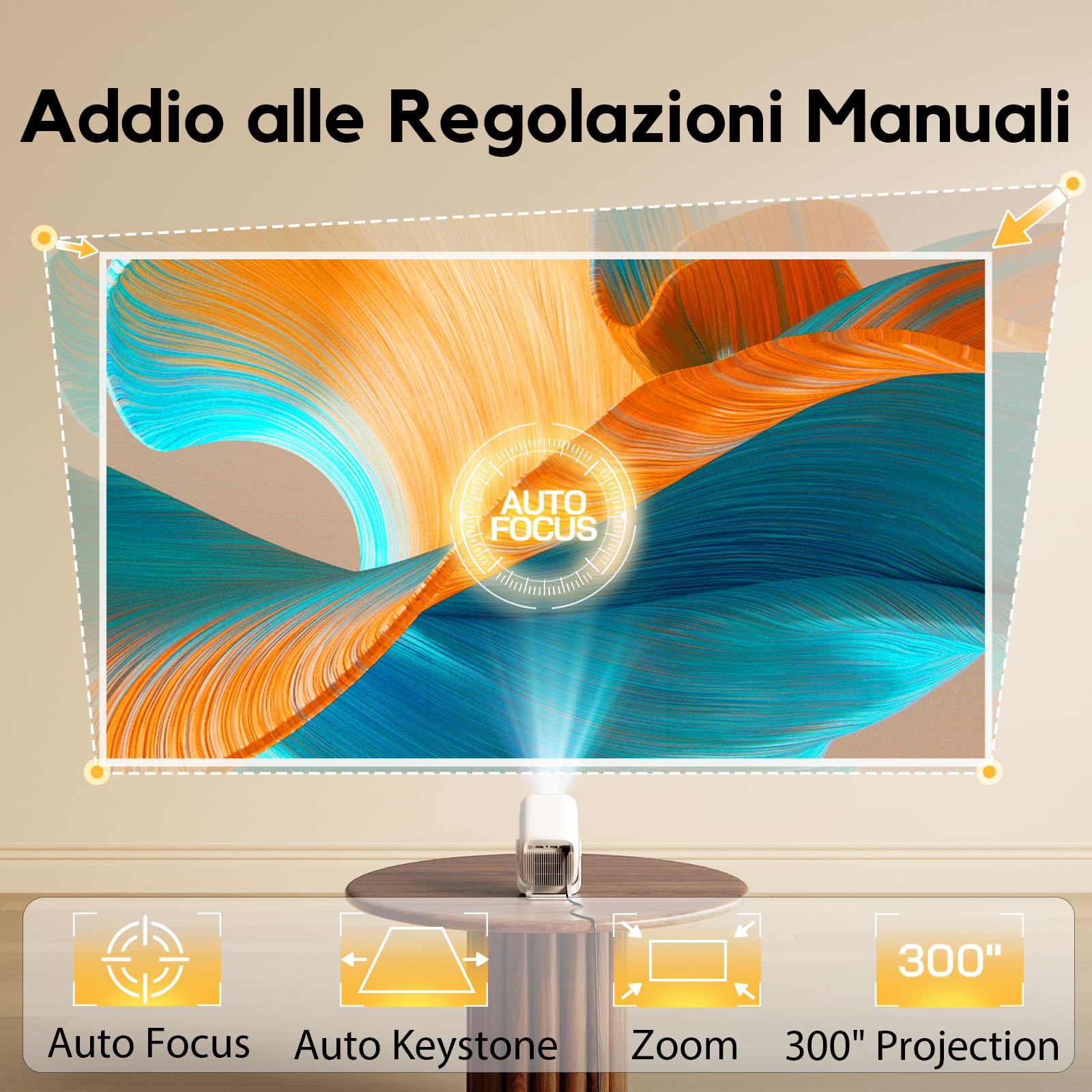 [Apps integrate & Auto Focus] AKIYO O4 Proiettore 4K con WiFi 6 Bluetooth 5.2, 1080P Nativo Proiettore Portatile Auto Keystone Rotabile 120°,per HDMI/USB/Smartphone