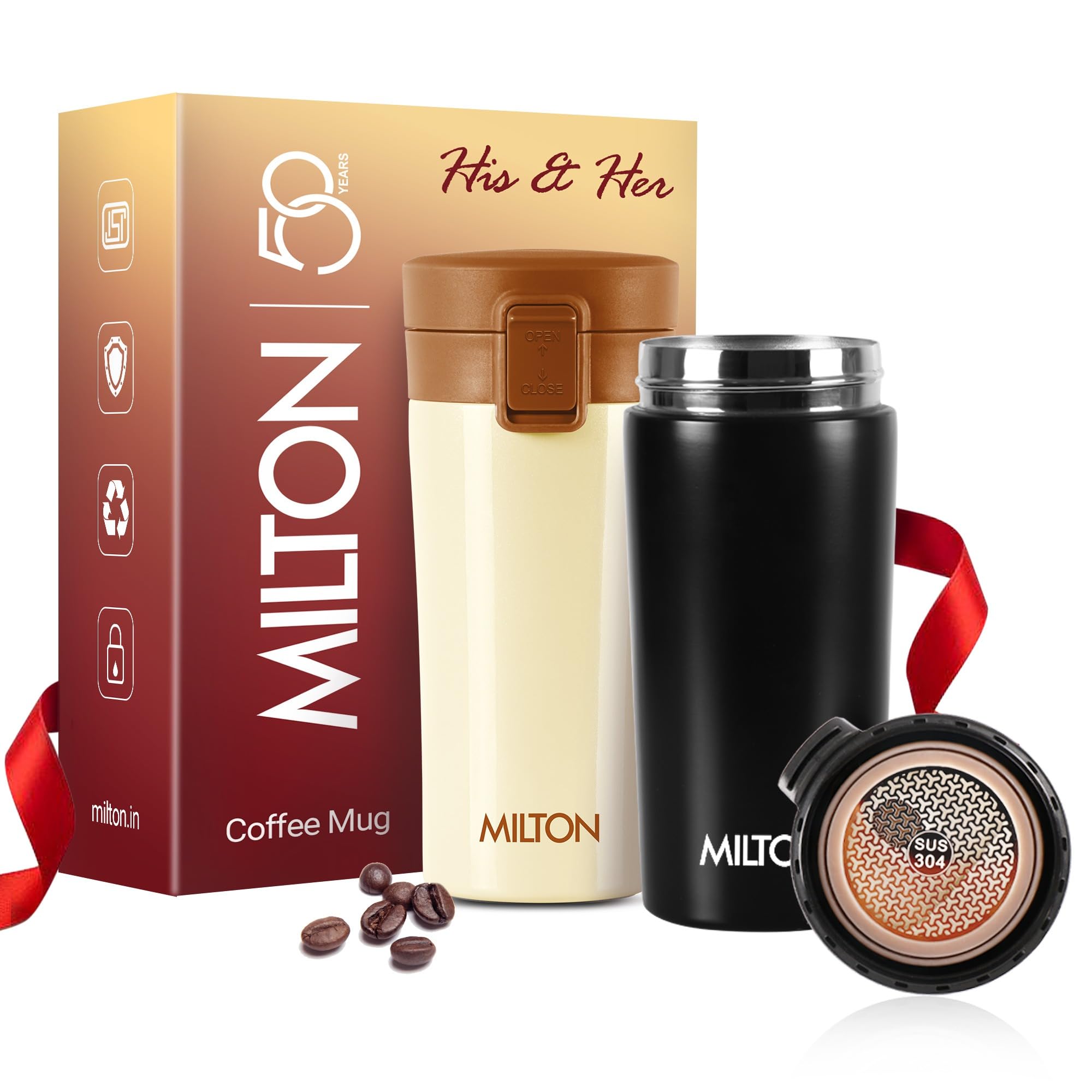MILTON His N Her Gift Set I Thermosteel Vacuum Insulated Stainless Steel Couple Coffee Mug for Travel with Strainer, ISI Certified, Hot & Cold, Anti Skid Bottom, Set of 2,300 ml,Ivory & Black