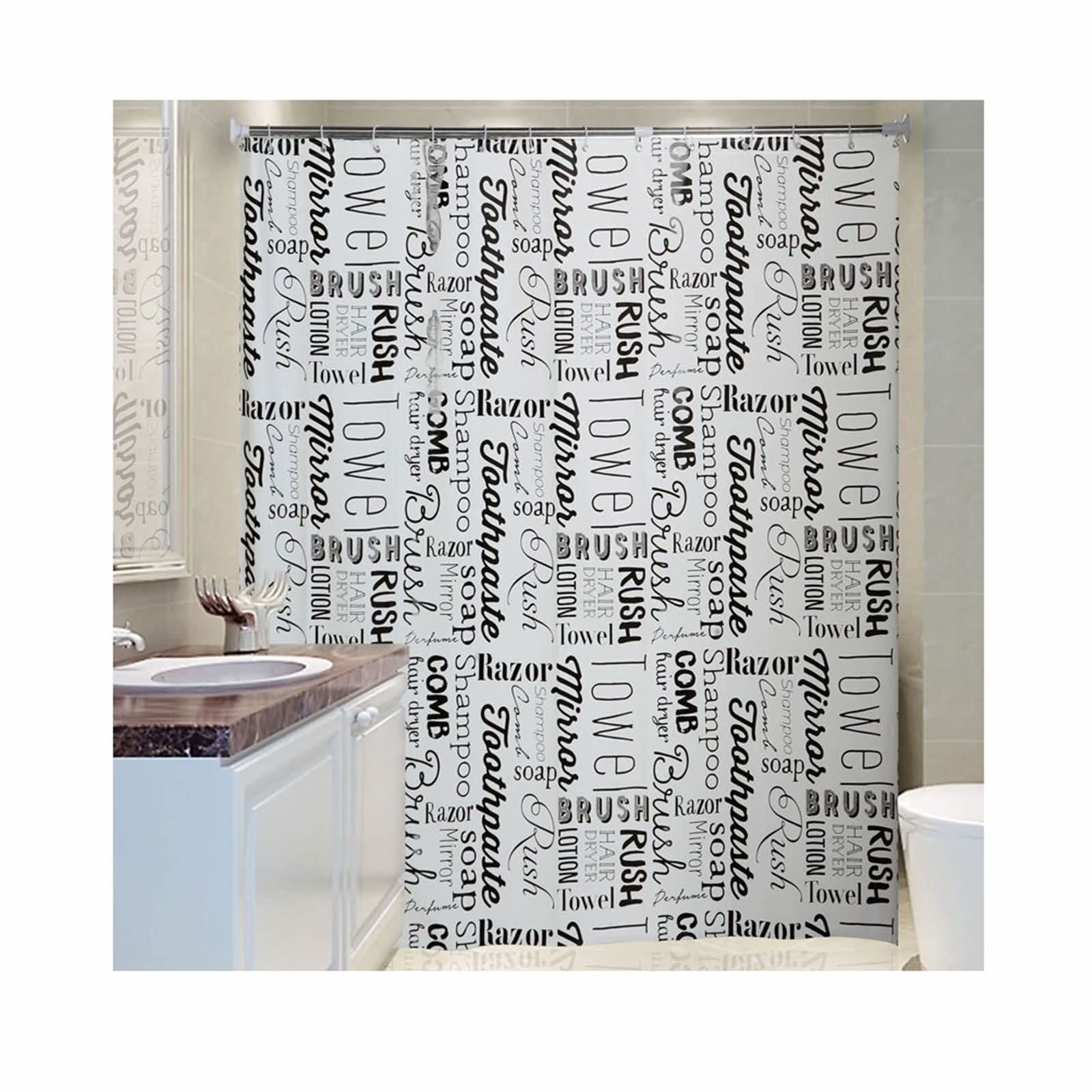 Homxi Cortina Ducha Pequeña Antimoho 80x180,Cortina de Baño de Poliester Letras Cortinas de Ducha Antimoho y Lavables Blanco Negro