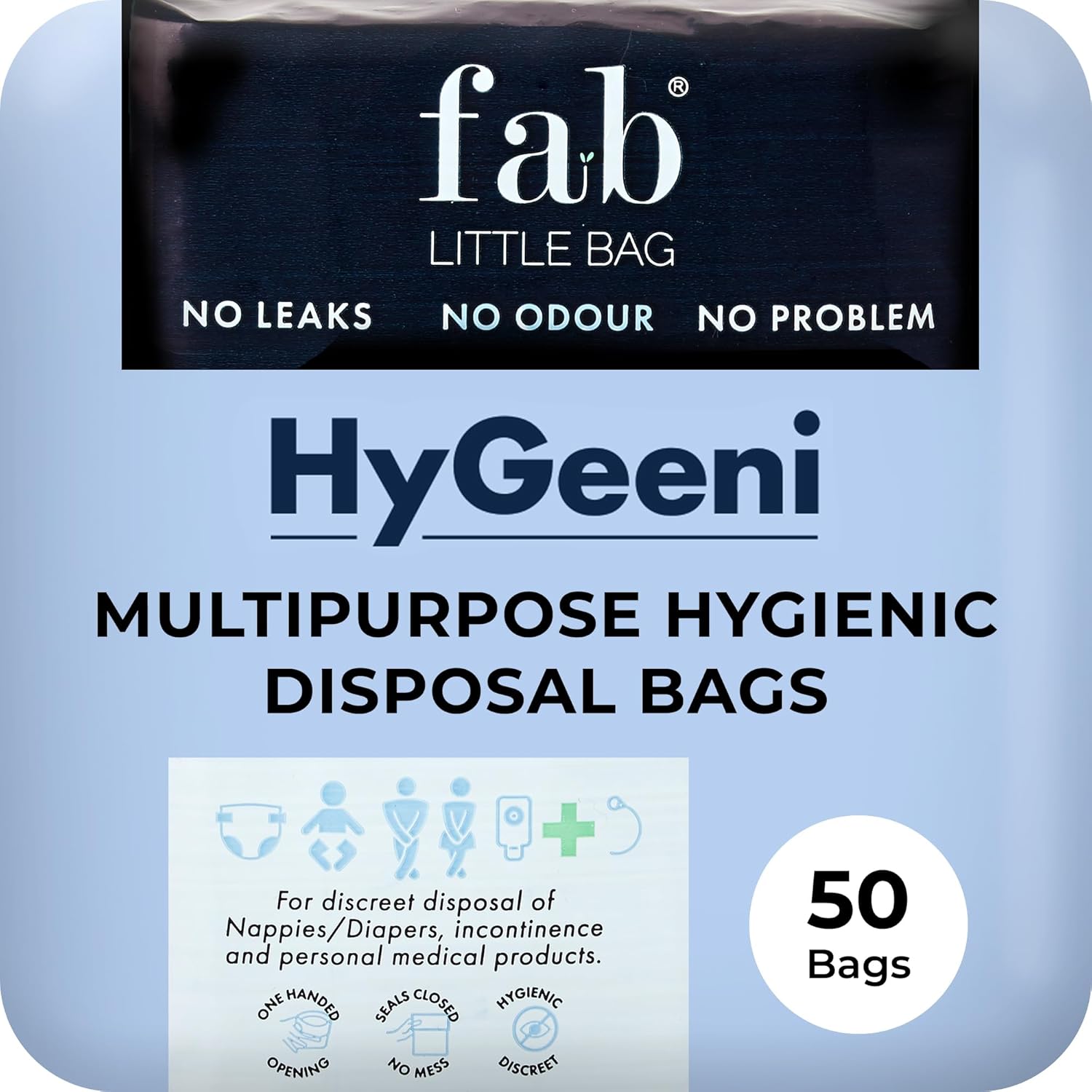 Fab Little Bag HyGeeni Disposal Bags for Nappies, Incontinence Pads, Ostomy & Catheter Bags – Prevents Odours, No Mess, Eco-Friendly, Pack of 50