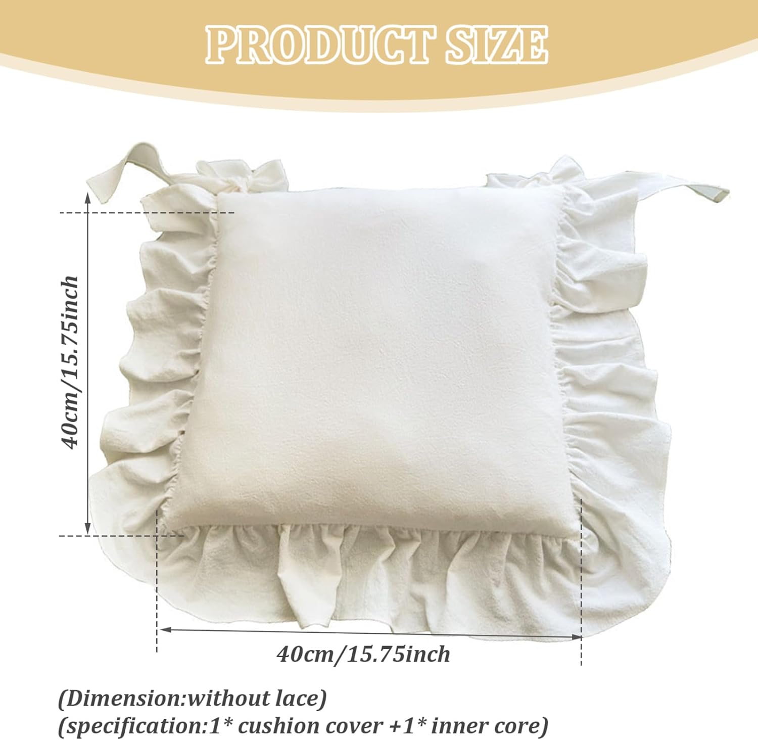 Dining Chair Cushions, 16x16 Non-Slip White Chair Cushion with Ties & Zipper Ruffled Vintage Seat Cushion Soft Seat Pads for Kitchen Chairs Home Office Chairs