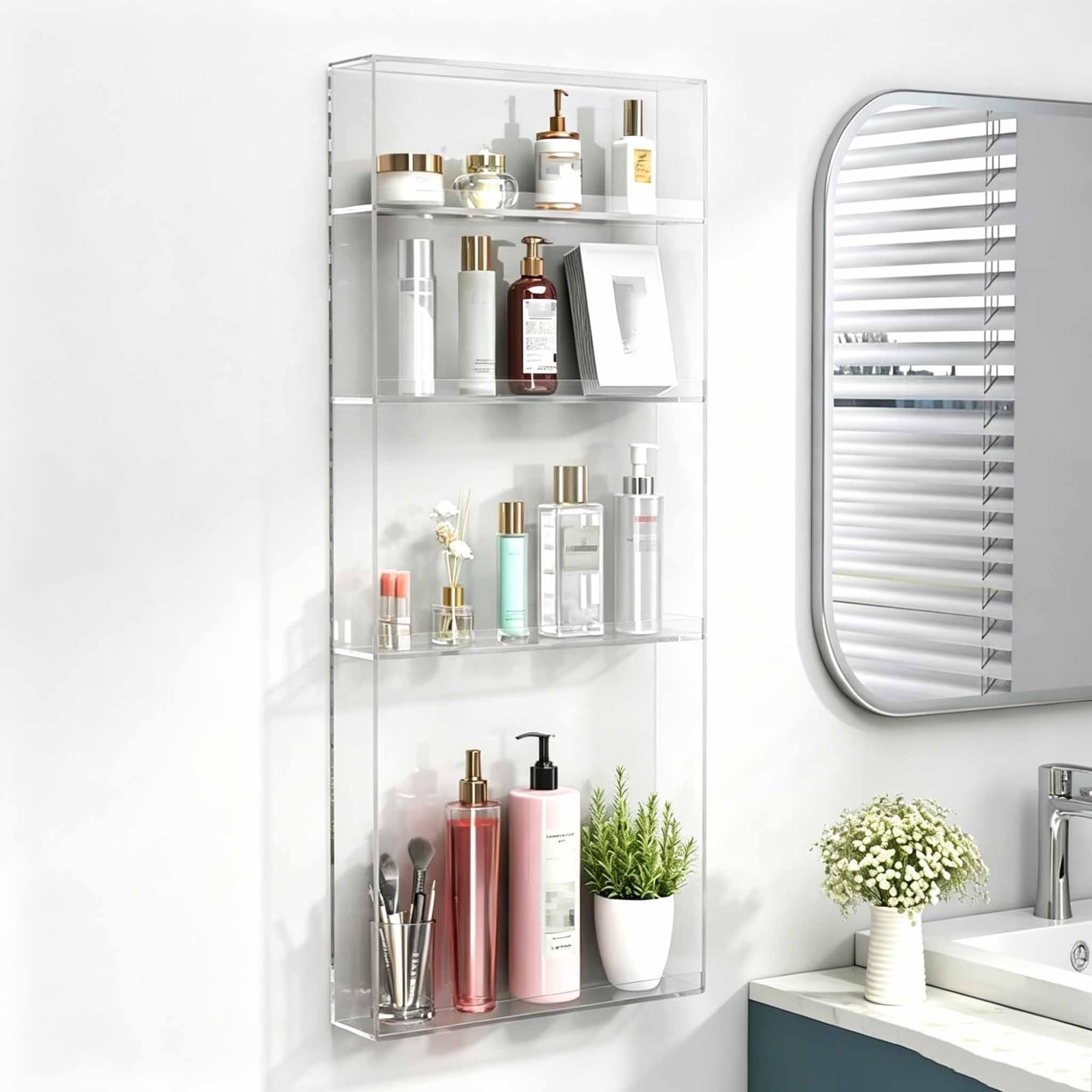 Dalumian Floating Shelves for Wall Decor, Acrylic Magazine Holder, Space-Saving Floating Shelves Wall Organizer for Perfume, Make up, Skincare(White,4-TIER)