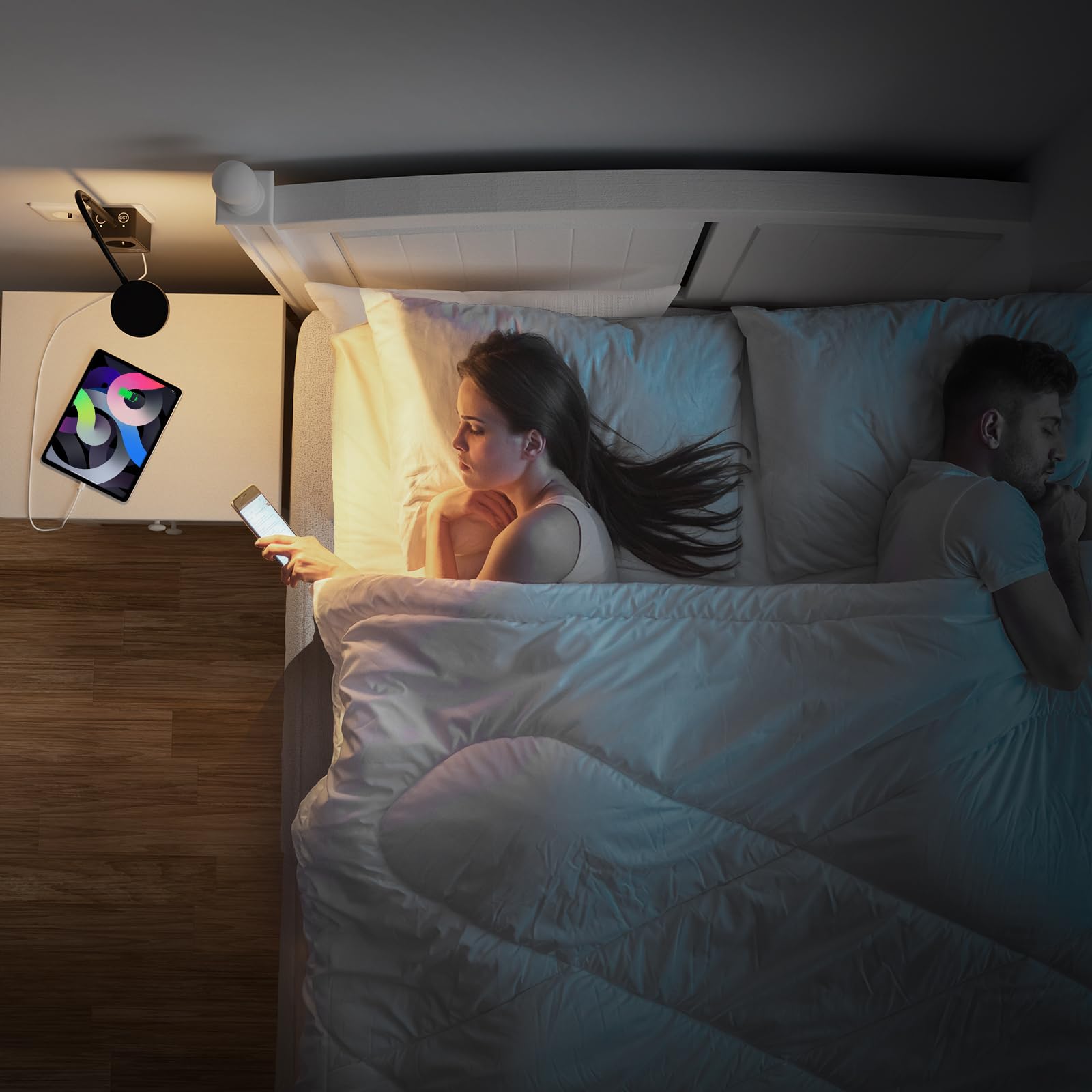 LED Wand Leselampe Bett Schwanenhals Dimmbar Schwarz Innen mit Stecker, Steckdose und USB Anschluss, 2er Pack Steckdosenlampen LED, Zwei Berührungsschalter, 3er Lichtfarben Modi