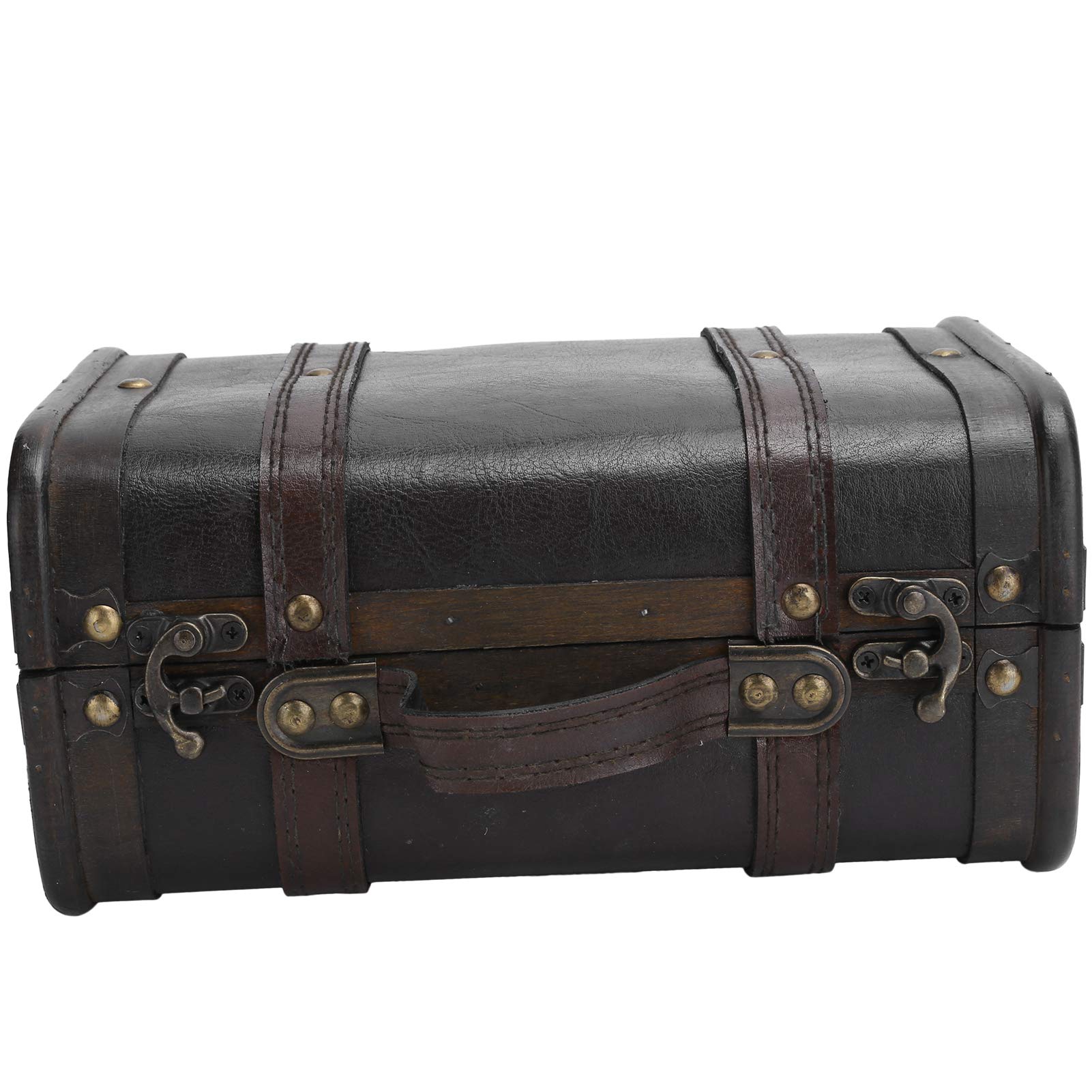 BORDSTRACT Maleta Retro, Maleta De Madera Vintage con Cerradura De Hebilla, Estuche Organizador De Collar De Pendientes, Cofre De Almacenamiento De Tesoros Antiguos con Ribete De Cuero(Small)