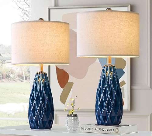 Miniatura 4 de Lámparas de 24.75 "para mesitas de noche Juego de 2 lámparas de noche de cerámica modernas, lámparas de mesa azules para mesas auxiliares de sala de