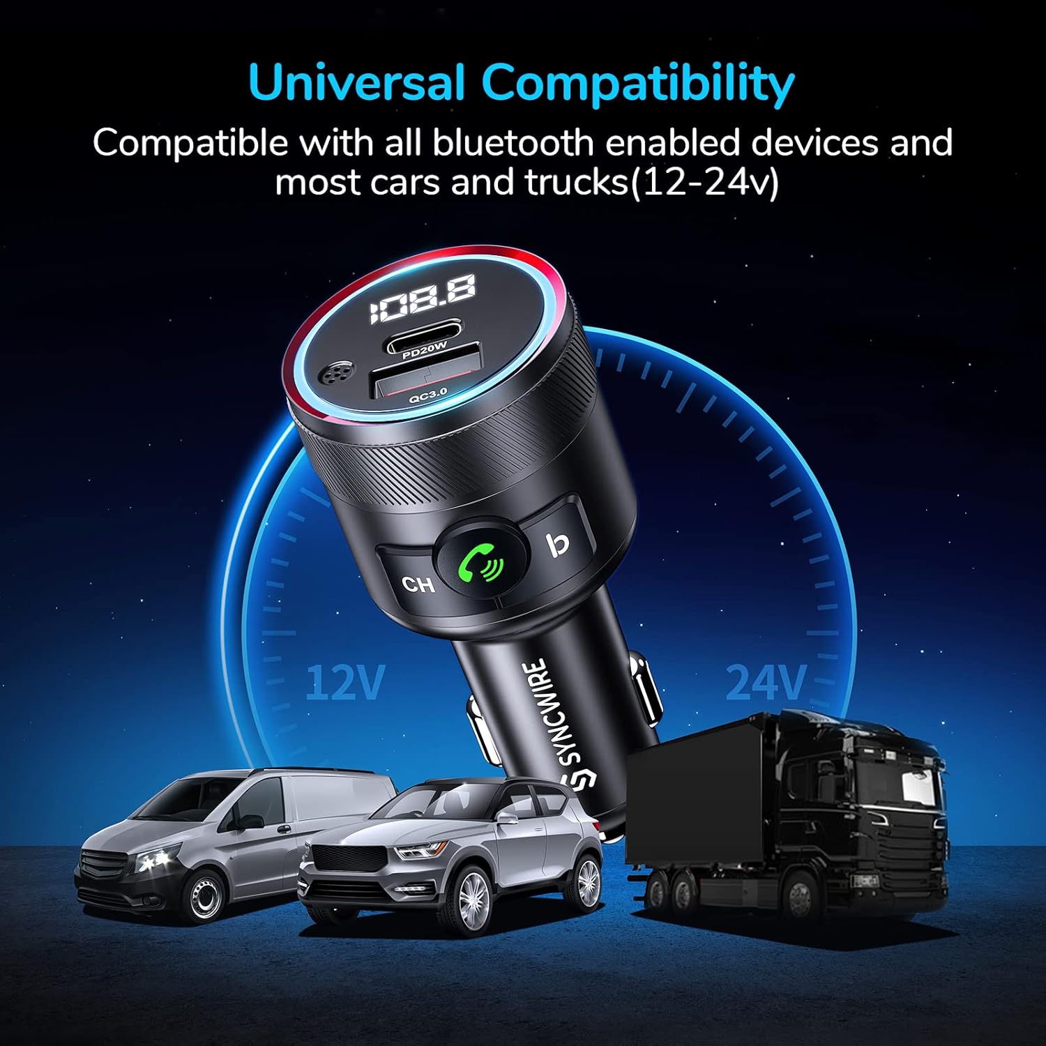 Syncwire Bluetooth 5.1 FM Transmitter for Car, 38W PD&QC3.0 Fast Car Charger Wireless Bluetooth FM Radio Adapter Bass Sound Music Player FM Car Kit with Hands-Free Calling Support USB Drive : Electronics