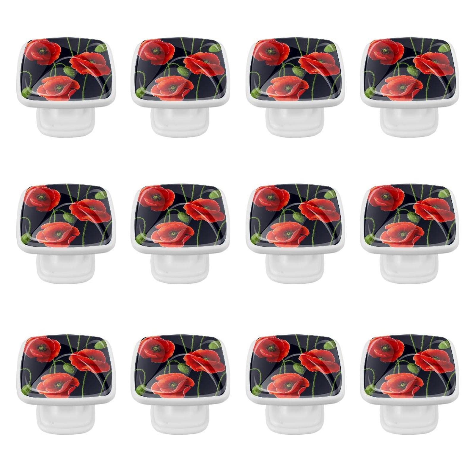 Poignées d'armoires de cuisine TBOUOBT en lot de 12 boutons motif coquelicot rouge rétro