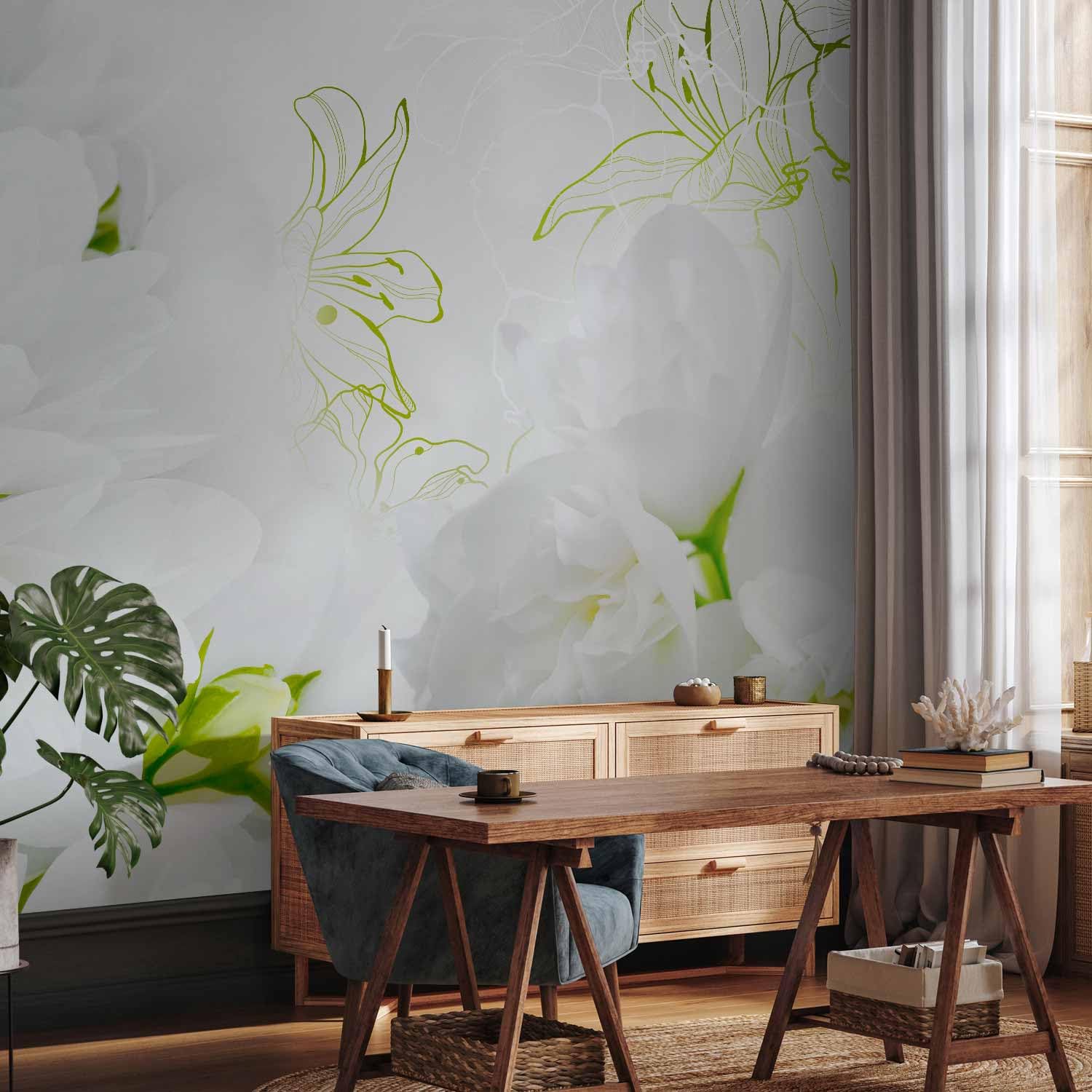 Fototapete murando 400x280 cm Vlies Tapeten Wandtapete XXL Moderne Wanddeko Design Wand Dekoration Wohnzimmer Schlafzimmer Büro Flur Blumen weiß grün rose blau b-A-0022-a-b