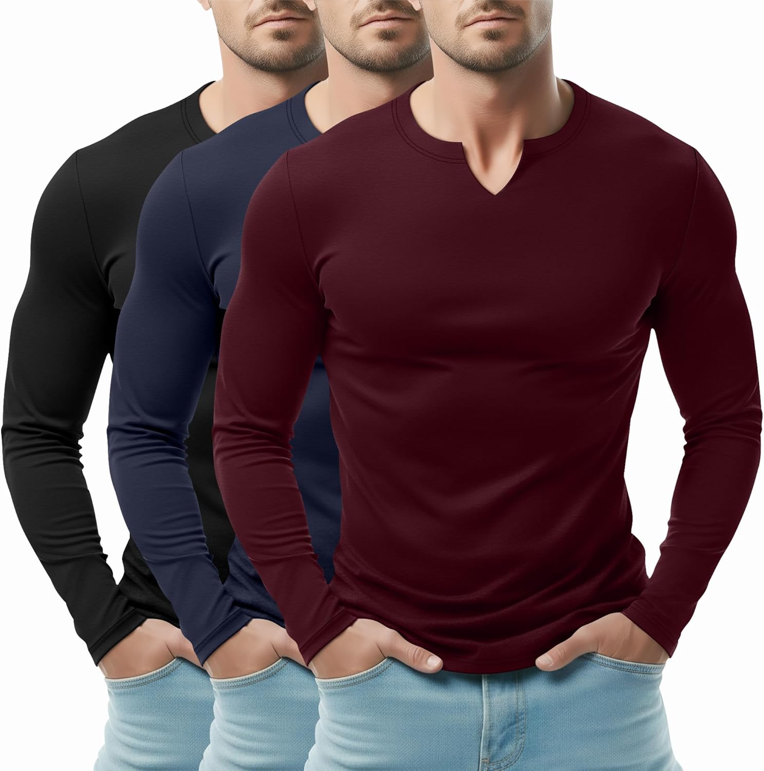 Riyiper 3 Pack Men's Long Sleeve T Shirts, V Neck Longline Henley Cotton Shirts Casual Muscle Tee Stretch Athletic Tops