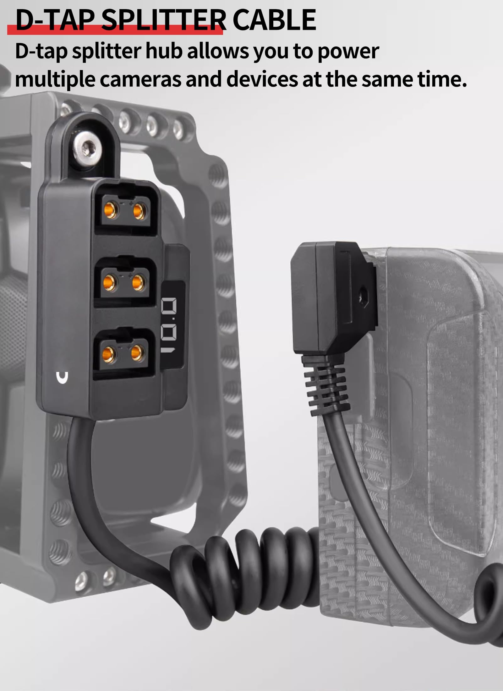 Cable Divisor de DTAP, Cable de Alimentación de DTAP Macho a 3 Puertos Hembra con Pantalla de Voltaje, 8a D Tap Voltímetro de Cubo para Batería de Cámara V, Jaula de Cámara,