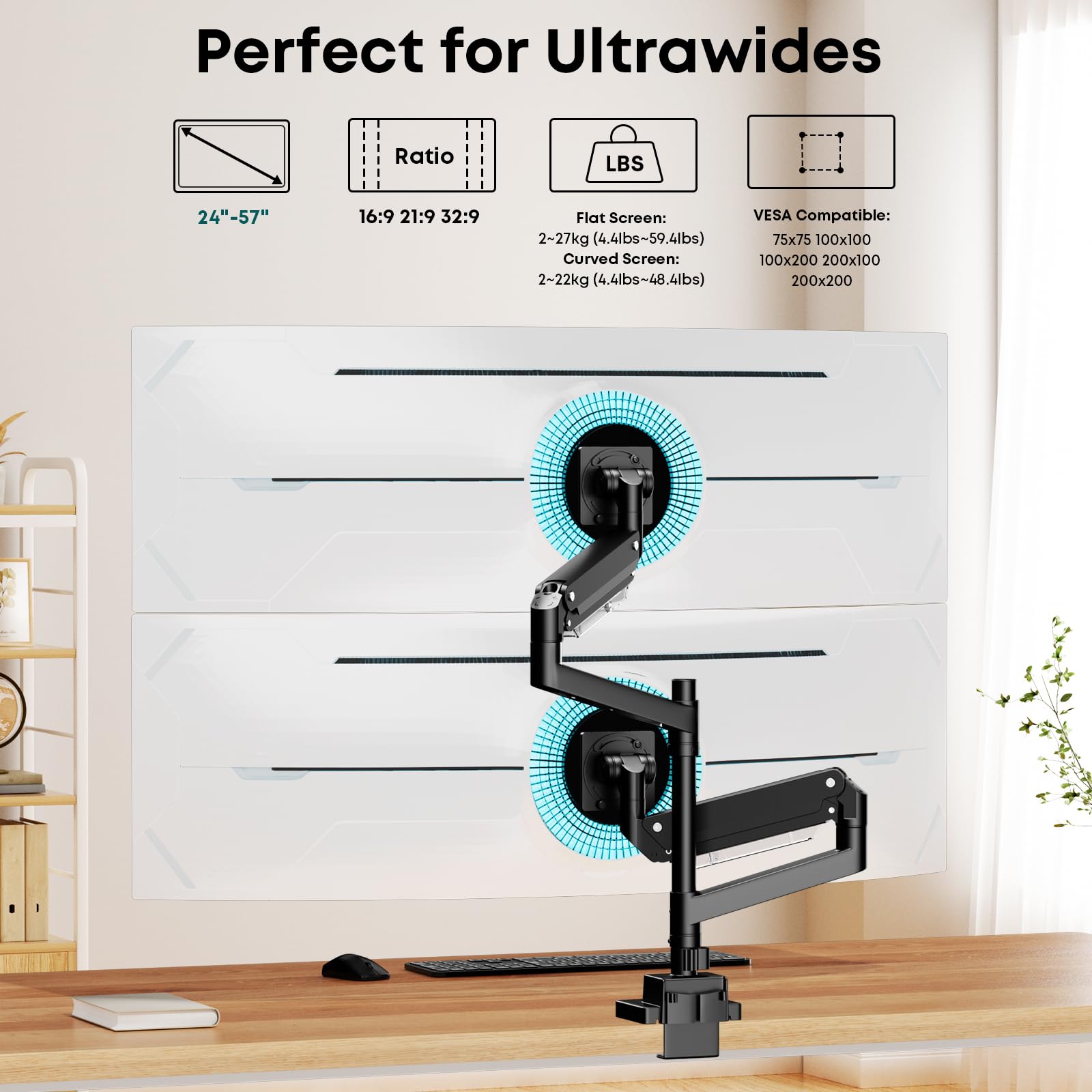 Uchwyt do monitora 2 monitory do ekranu 24-57" – sprężyna gazowa Dual Monitory uchwyt stołowy z regulacją wysokości, wychylny uchwyt do monitora, waga 2-27 kg na ramię, VESA 75/100/200 mm, czarny