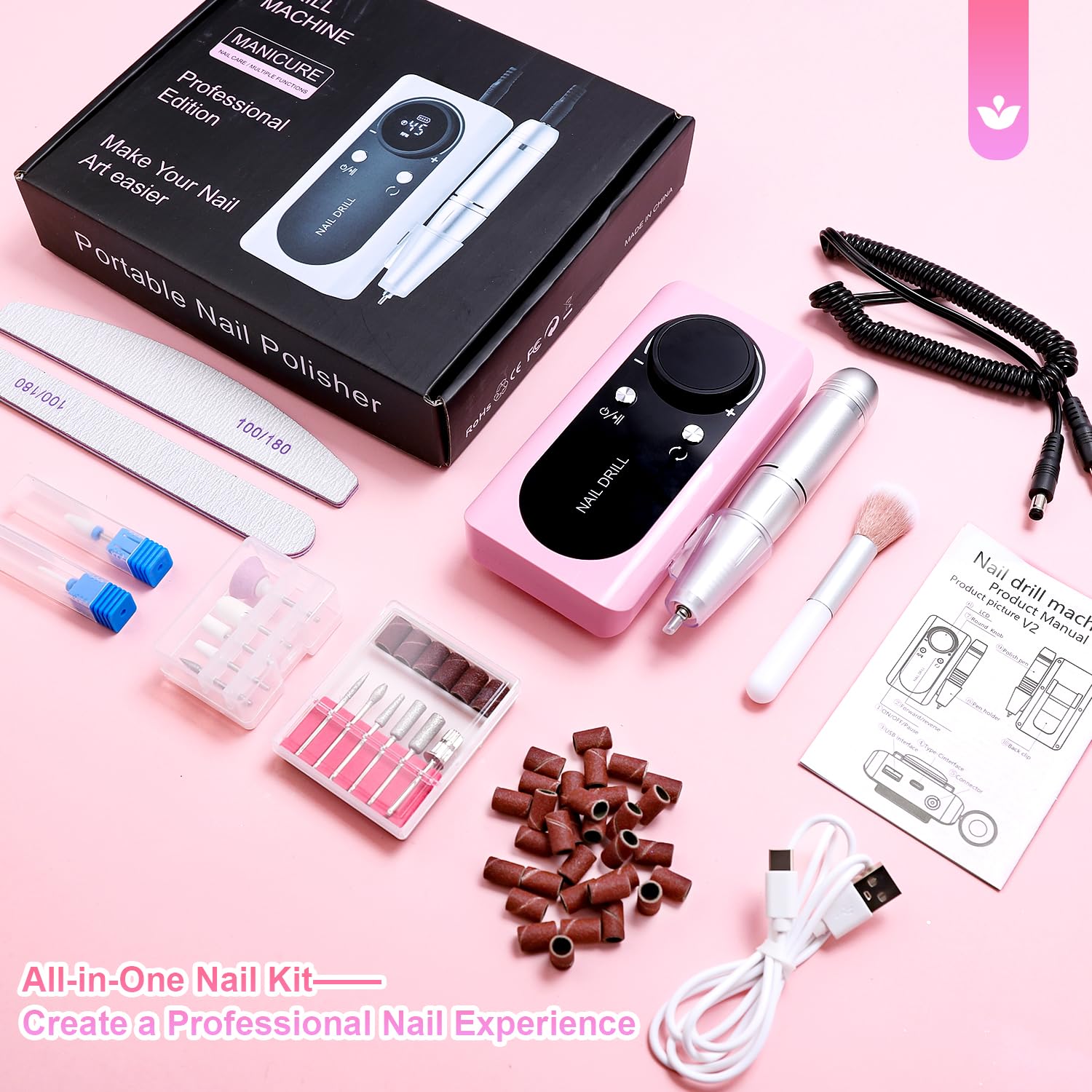 45,000RPM Fräser für Gelnägel, Elektrische Nagelfeile mit Lcd-Display, mit Maniküre Pediküre Zubehör Set für den Heimgebrauch und Nagelstudios Golden