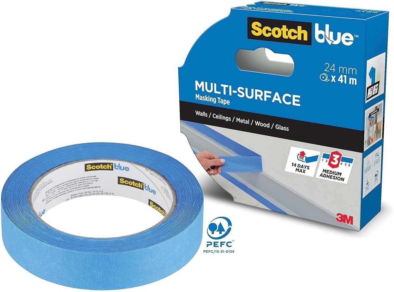 ScotchBlue Multi-Surface Premium Masking Tape, 24mm x 41m, 1 Roll/Pack - Scotch Adhesive Blue Painters Tape, For Painting and Decorating, Indoor & Outdoor, Sticks Well, 100% PEFC