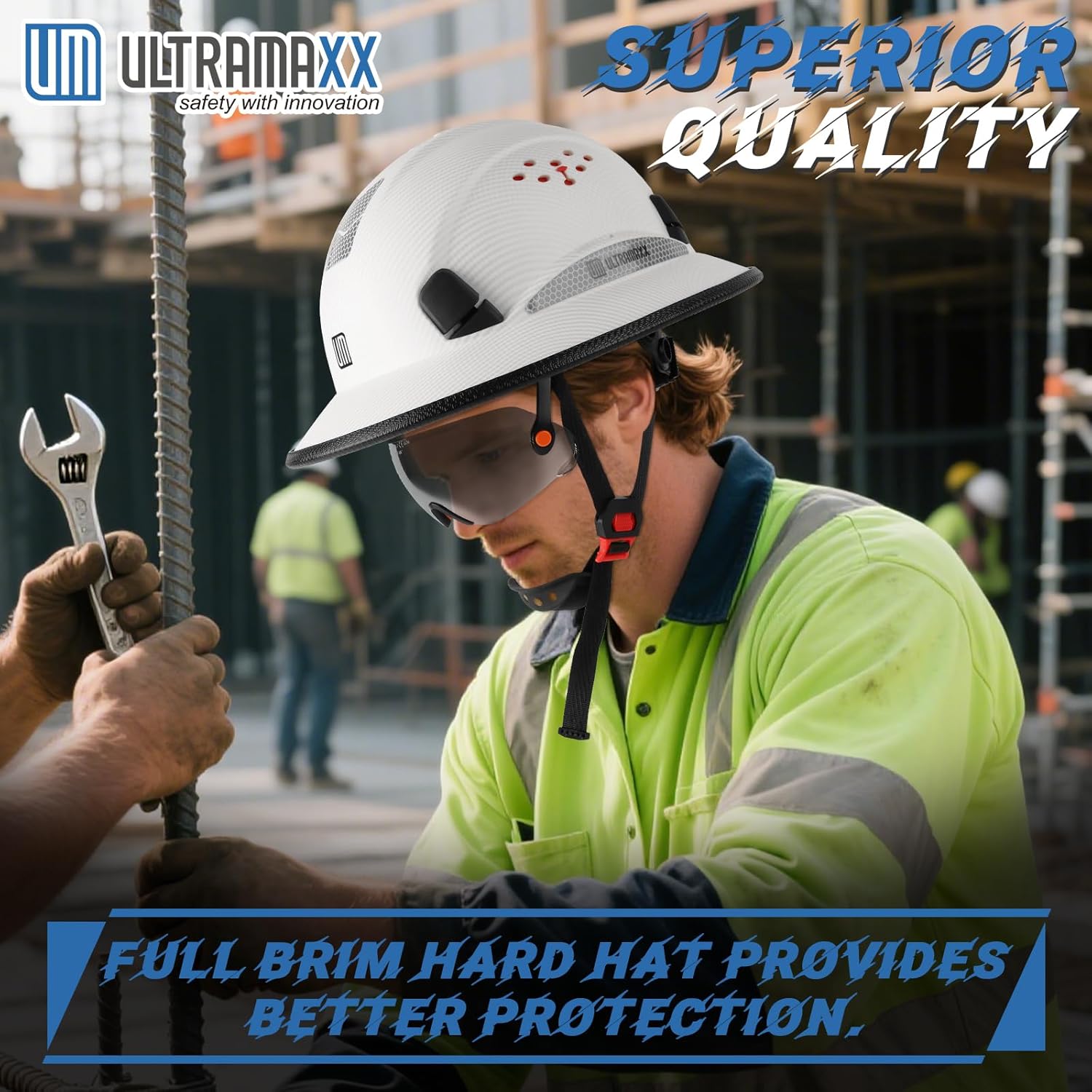 UM ULTRAMAXX Full Brim Hard Hat with Built-in Visor, ANSI Z89.1 OSHA Approved Construction Safety Helmet with Chin Strap for Men Women