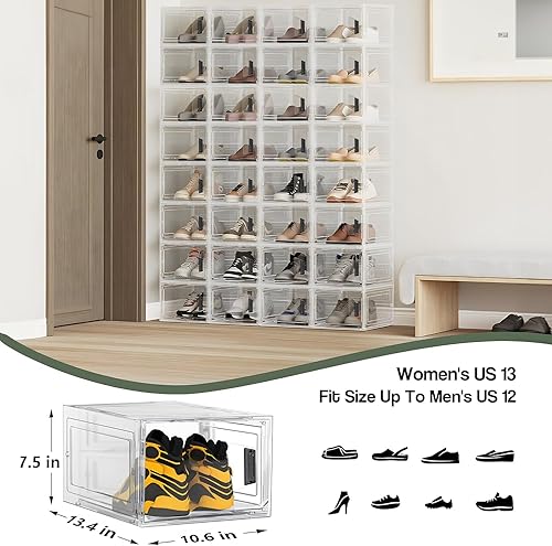 Miniatura 2 de Paquete de 8 cajas apilables para zapatos, organizador de zapatos de plástico transparente mejorado con puerta magnética y asa para zapatos de