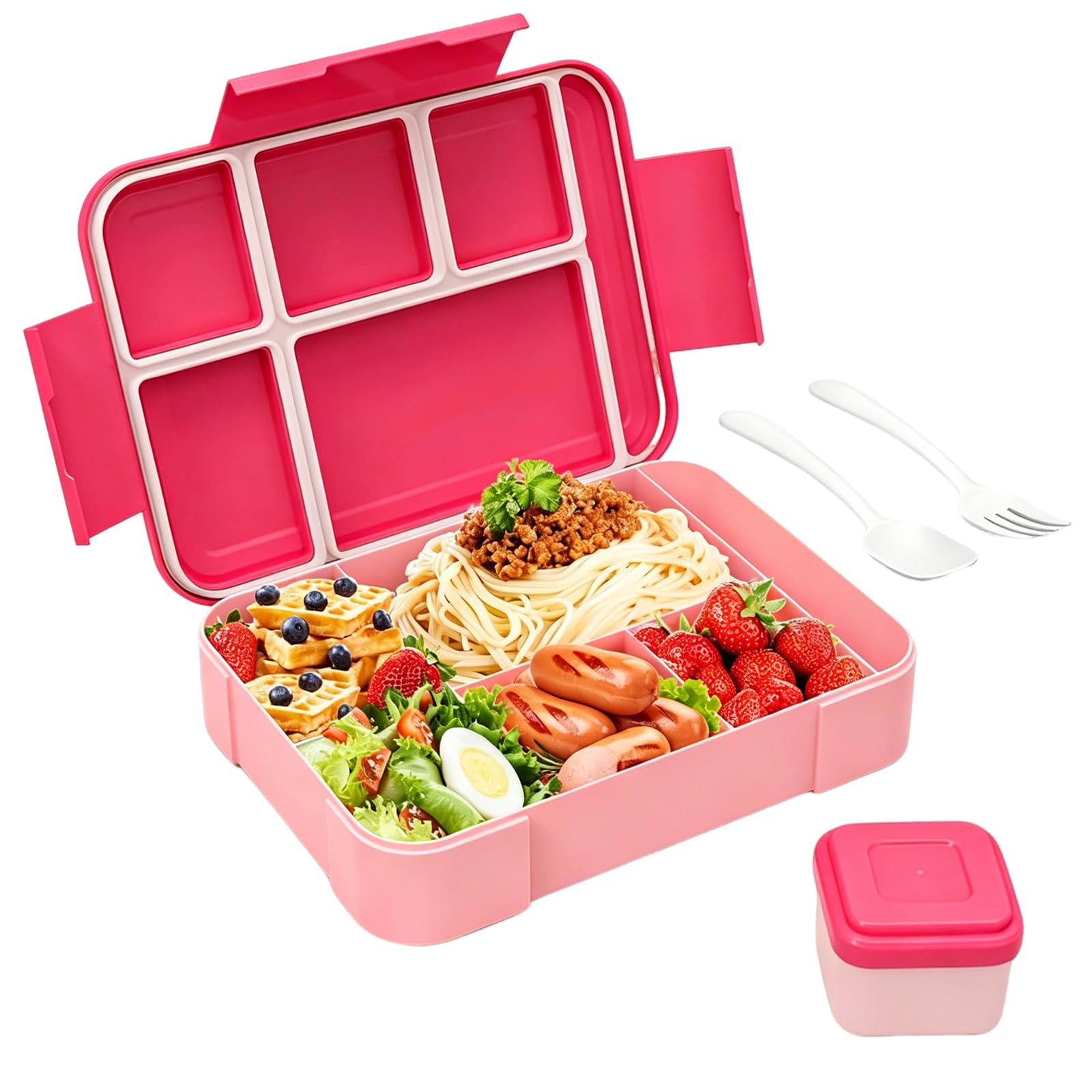HAOQIAGA Bento Lunch Box Kids, Leakproof Bento Box Lunchbox with 5 Compartments & Sauce Pot & Cutlery for Kids Adult School Office Portable Food Storage Lunchboxes (Magenta)