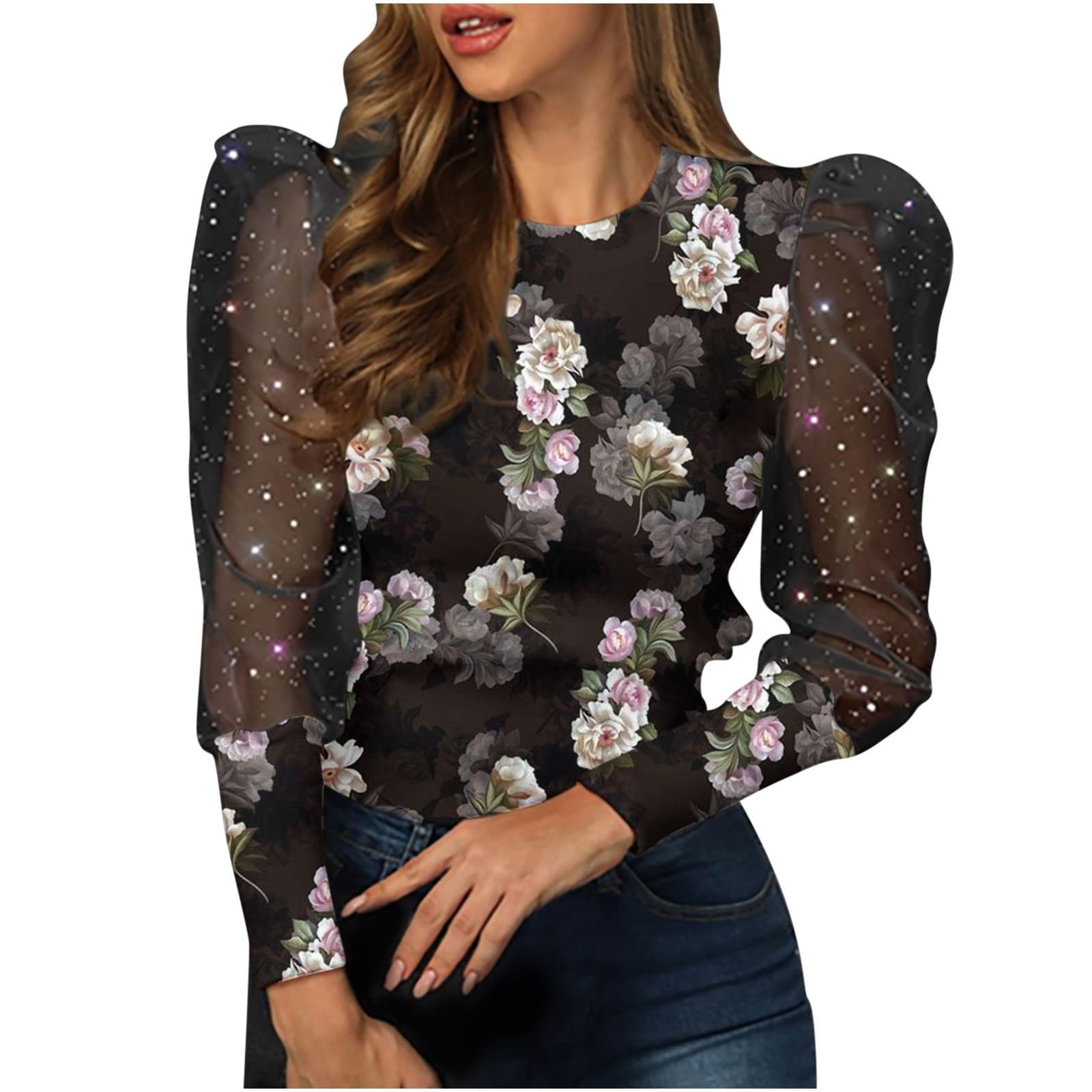 Women's Glitter Sheer Mesh Panel Elegant Tops V Neck Long Sleeve T Shirt Blouse Clubwear Lightweight Pullover Tops