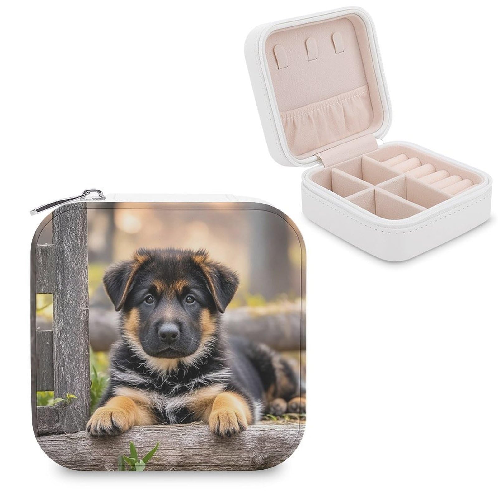 FekiLoot German Shepherd Puppy Travel Jewelry Box Small Jewelry Organizer Storage Case Portable PU Leather Mini Jewellry Travel Case Necklace Ring Storage Organizer Gift for Women