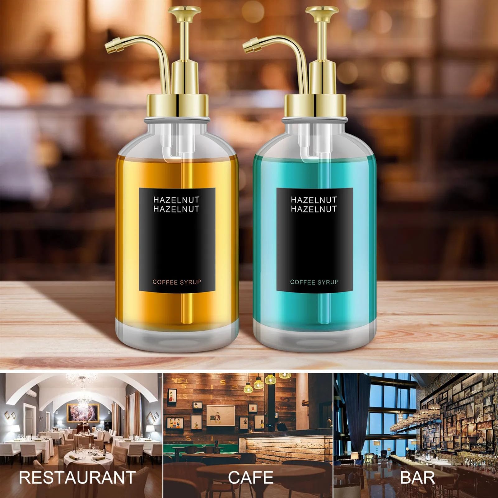 Glass Pump Dispenser, 2pcs 500ml Gold Coffee Syrup Dispenser Transparent Glass Pump Dispenser with 9 Labels, Suitable for Kitchen and Bathroom Use
