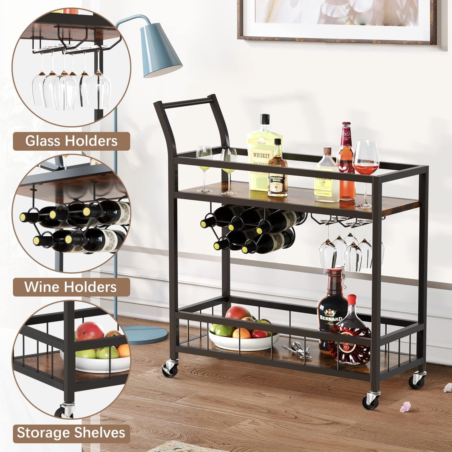 JUMMICO Bar Cart Industrial Home Mobile Wine Cart Serving Bar Cart on Wheels with Storage Shelves Wine Rack and Glass Holder for Living Room, Kitchen, Corridor, Hallway,Black - Bar & Serving Carts