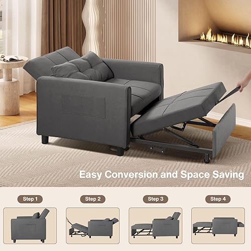 Miniatura 14 de Noelse Sofá cama convertible 2 en 1 multifuncional, respaldo reclinable ajustable con tela de lino moderna para sala de estar, dormitorio, Gris