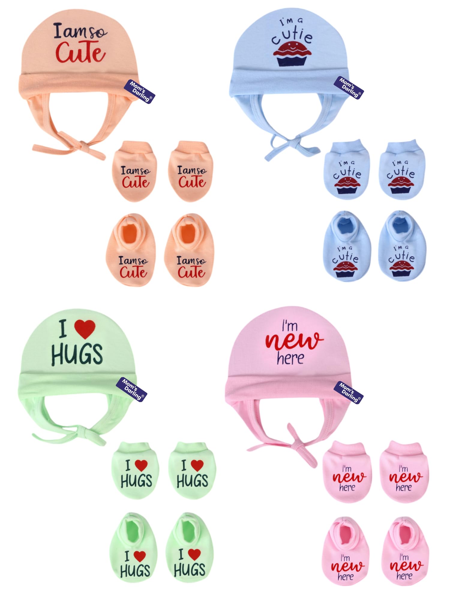 MOM'S DARLING Newborn Baby Cotton Cap, Mitten and Booties Combo Set | Infant Cap Set | Mittens Set | Bootie Set | Kids Gloves & Socks Set | Baby Gift Set | 0-6 Months | Pack of 4 Sets | Multicolor.