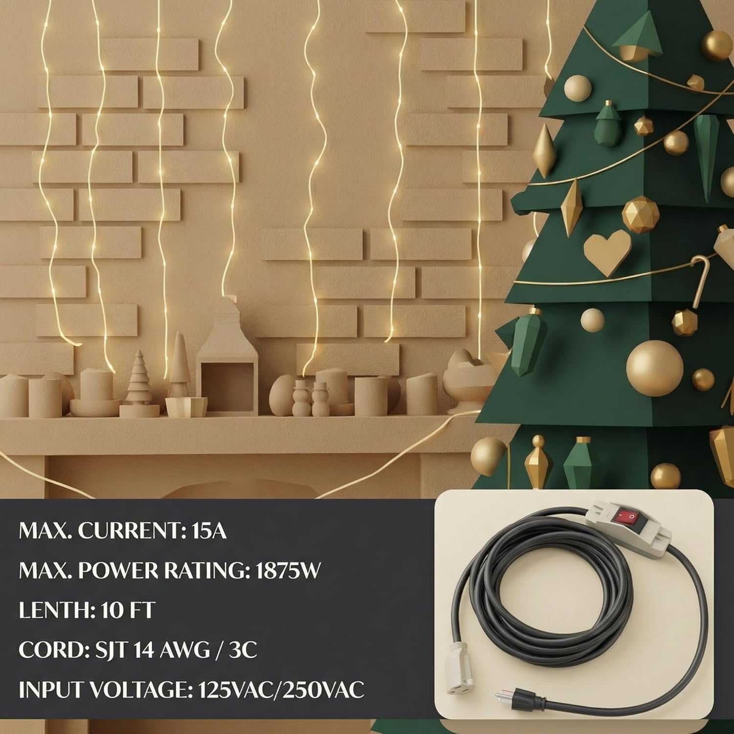 Weewooday 3 Prong Outdoor Extension Cord with Waterproof Switch 1875W Heavy Duty 14/3 SJT Cable Inline On/Off 15A 125V Grounded Outlets Plugs for Appliances (Black, 16.5 ft), (HU-XI-89)