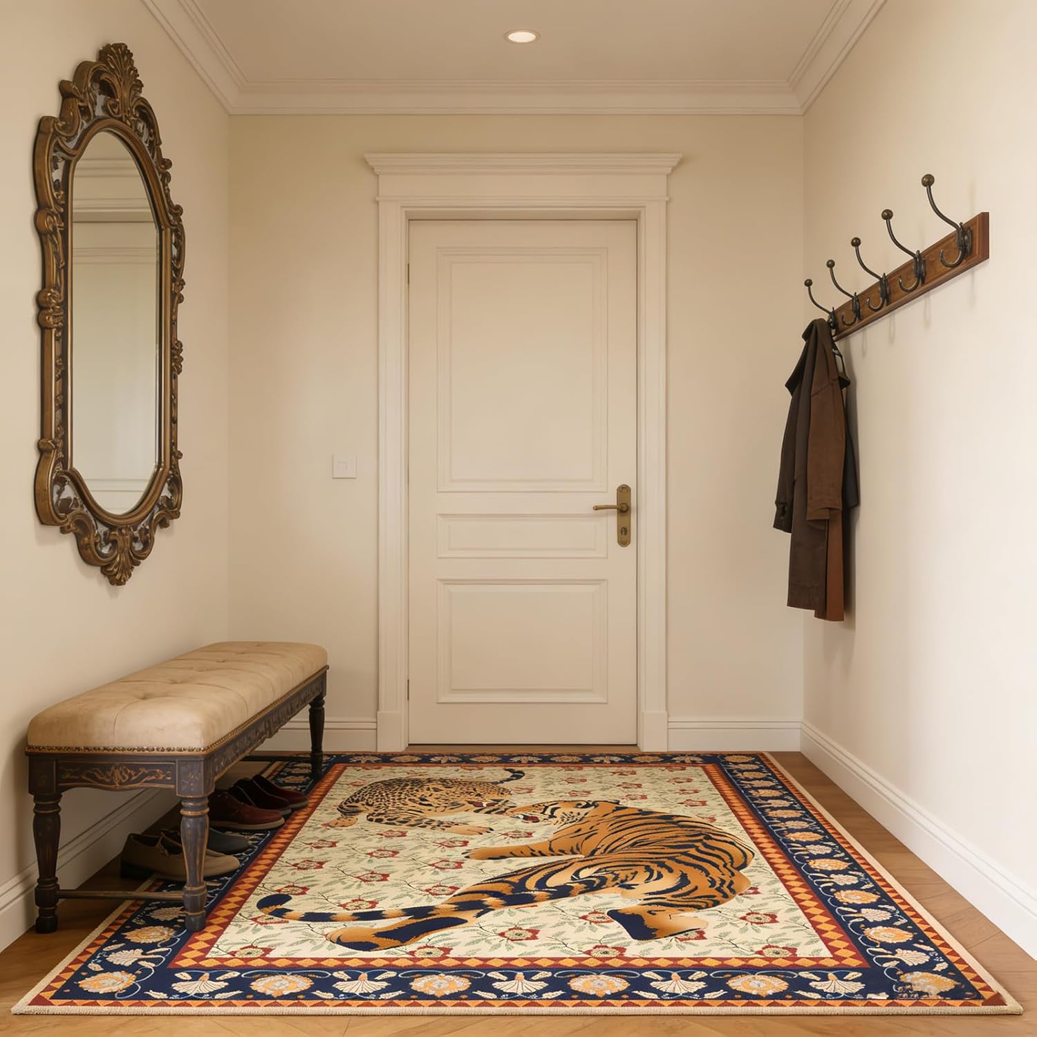 Bohemian Style Rug with Confronting Leopard & Tiger Print, Non-Slip Living Room Area Rug, Plush Crystal Velvet Pile, Comfortable & Easy Clean Animal Print Carpet for Lounge, Bedroom (8'x10')