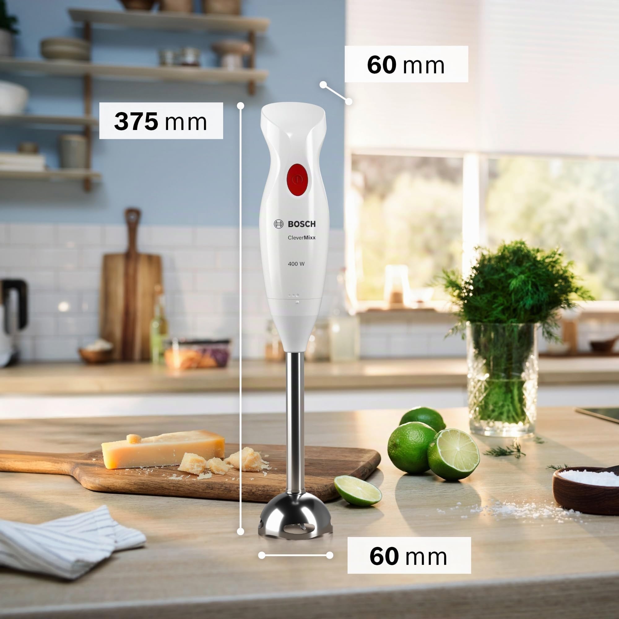 Bosch Frullatore a Immersione MSM24100, 400 Watt, Impugnatura Ergonomica, Piede in Acciaio Inox, Pratico Bicchiere Graduato Incluso, Bianco, Rosso