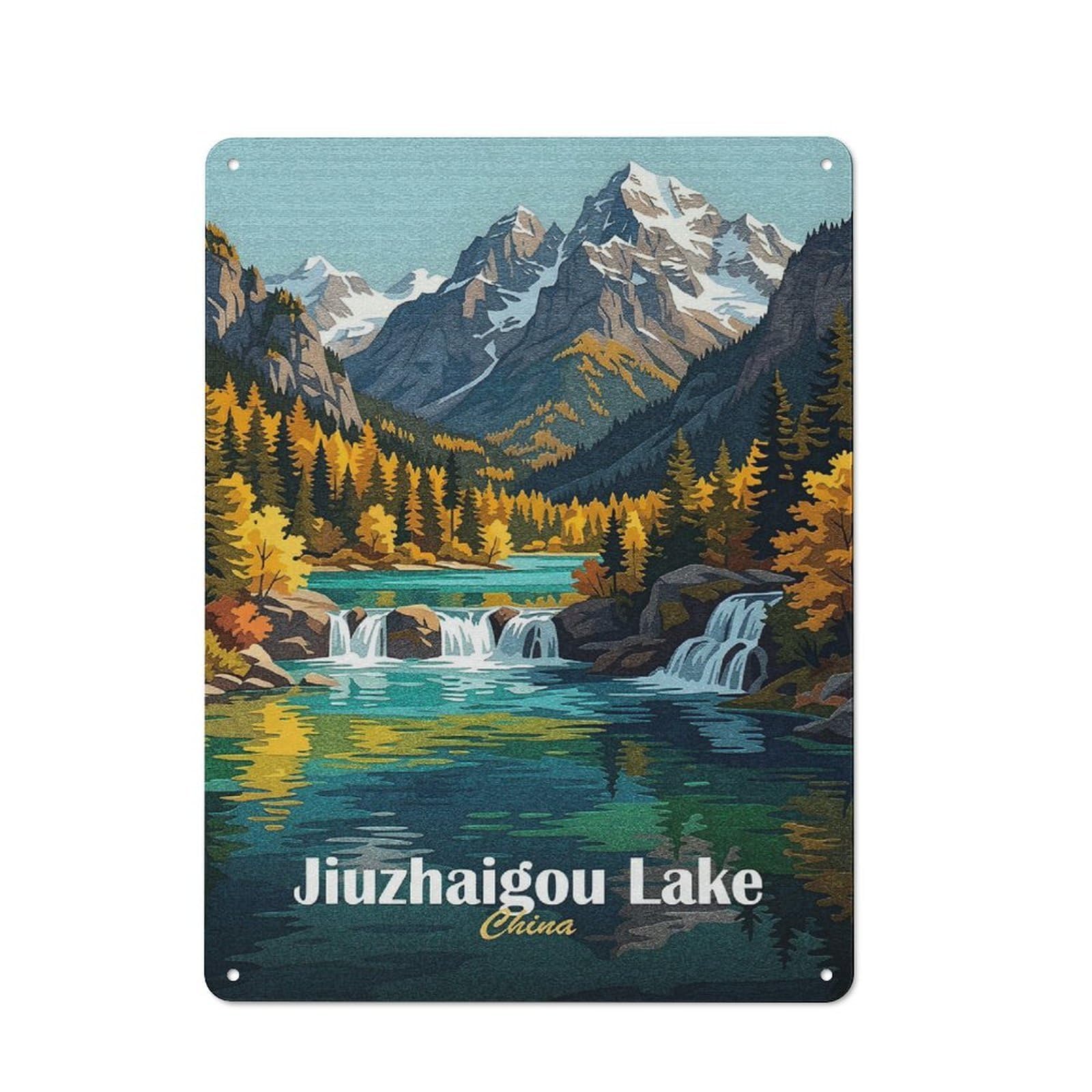 Junmoney Style-19 Barn Style Farmhouse Metal Sign 40X30cm Featuring Jiuzhaigou Lake, China Landscape Art, Cottage Wall Art For Kitchen, Cottage, Porch Or Garden Room