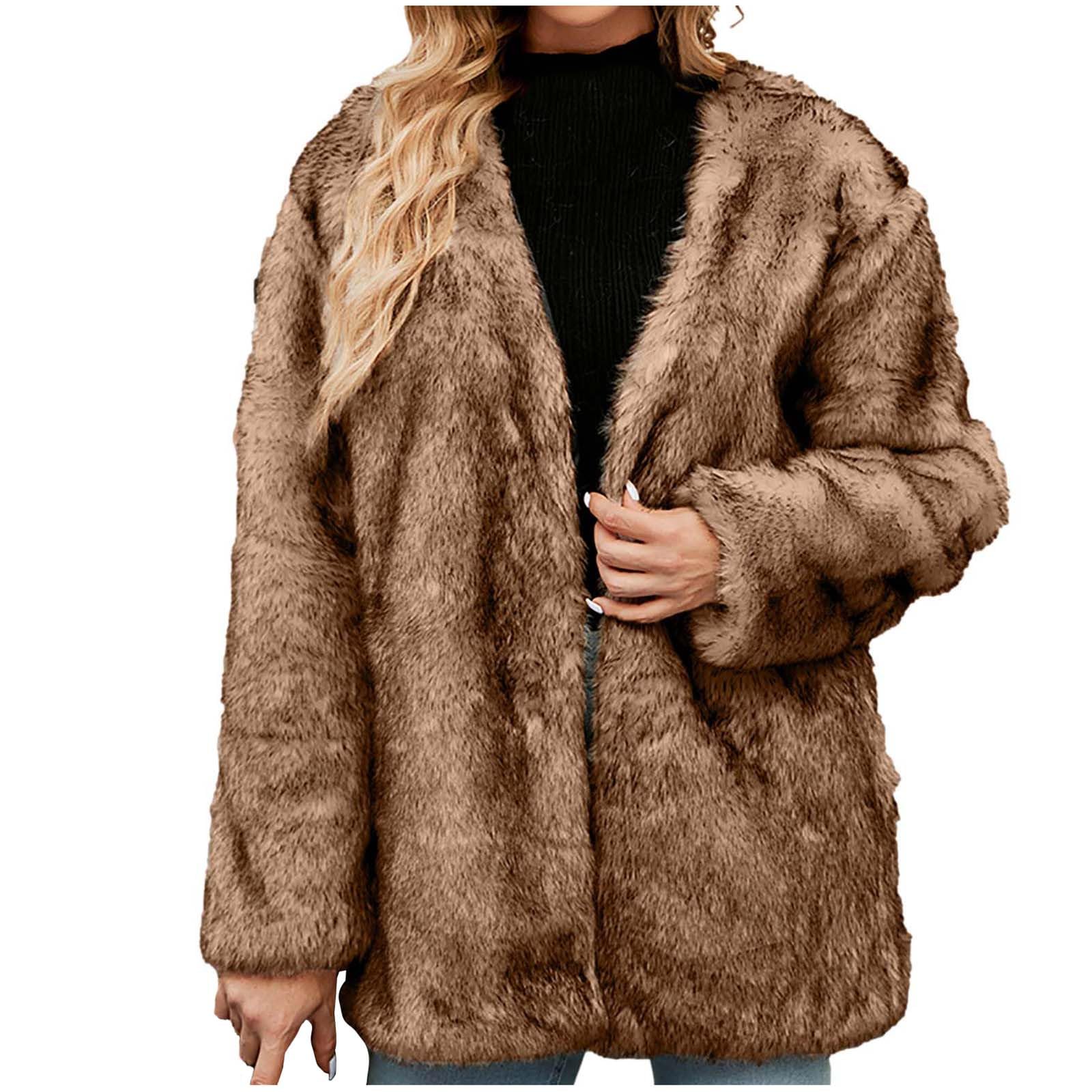 TRIGLICOLEUM Faux Fur Coat Women's Fur Coat Elegant Faux Fur Jacket Winter Jacket Thick Warm Transition Jacket Long Sleeve Fur Coat Faux Fur Jacket Loose Winter Coat Cuddly Fur Coat Outwear, coffee,