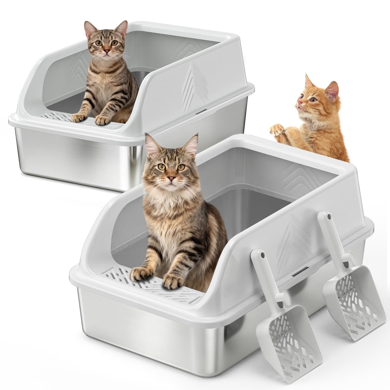 Stainless Steel Litter Box, 2 Pack XL Metal Cat Litter Boxes with Lid High Sided Enclosed for Big Cat and Multiple Cats, Anti-Urine Leakage | Non-Stick Bottom & Includes Scoop
