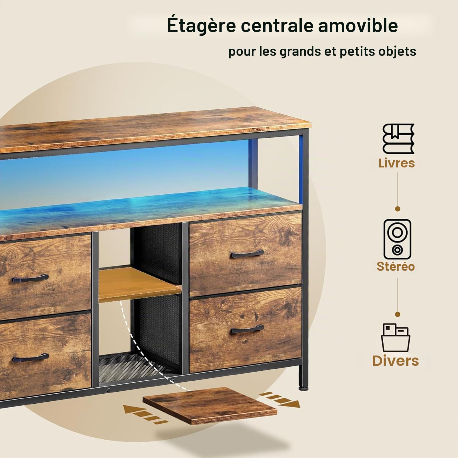 Armoire TV avec lumières LED - 108 x 30 x 78 cm - Meuble TV avec 4 tiroirs, 3 compartiments ouverts - Avec étagère en verre réglable - Pour salon, chambre à coucher - Marron - 108 x 30 x 78 cm