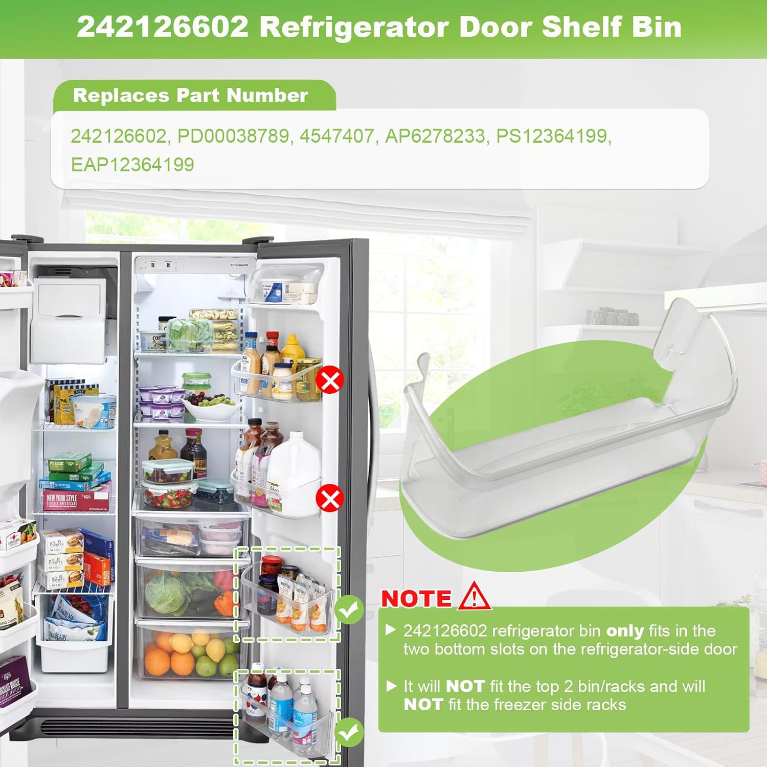 242126602 Refrigerator Door Bin (2 Pack) Compatible with Frigidaire FFSS2615TE0 FFSS2615TP0 FFSS2615TS0 Bottom Door Shelf, Replace 4547407 AP6278233 PS12364199 EAP12364199 Door Shelf Bin
