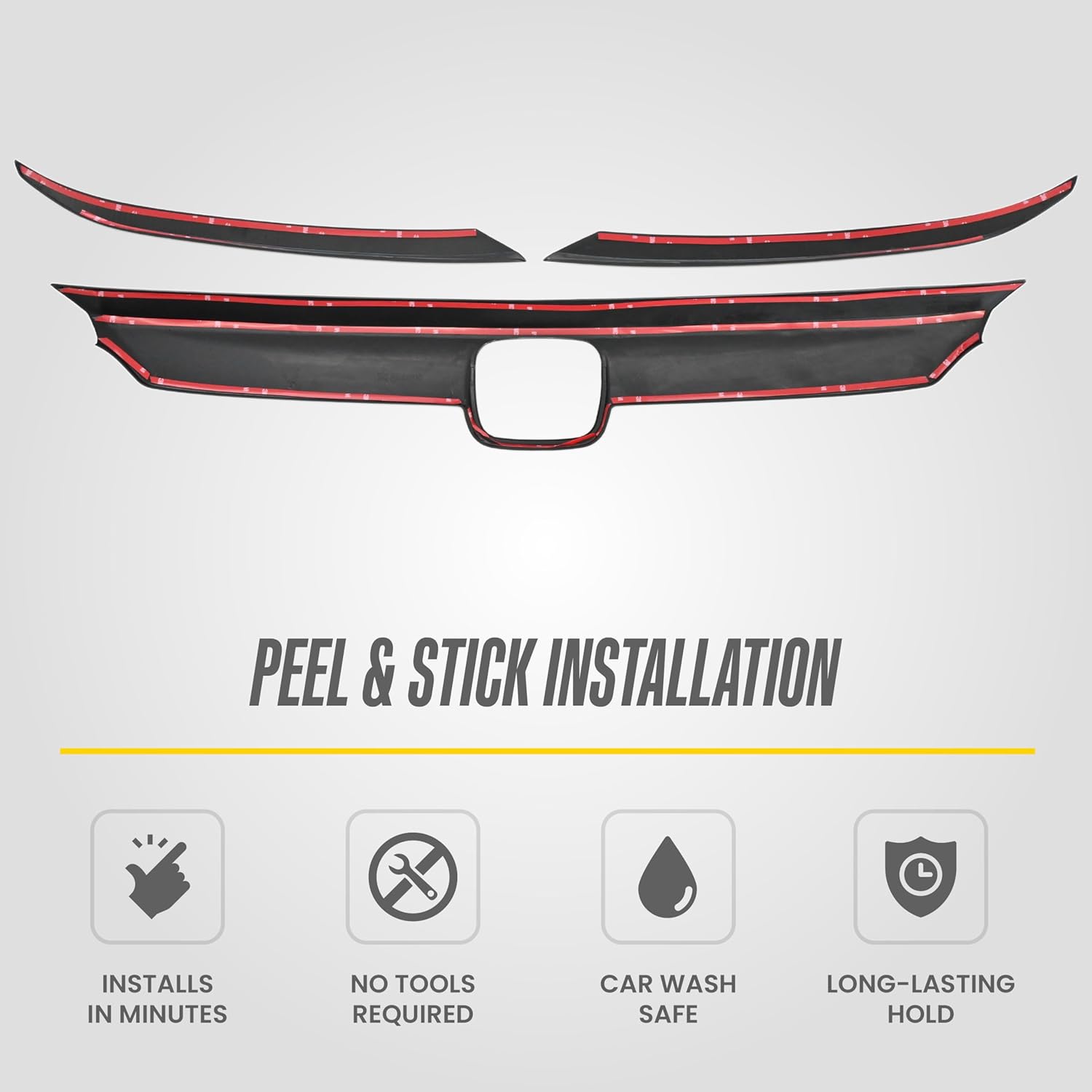 Gloss Black Front Grille Surround Overlay for 2018-2020 Honda Accord – 3PC Tape-On Trim Cover Kit | Easy No-Tool Install | US Patented