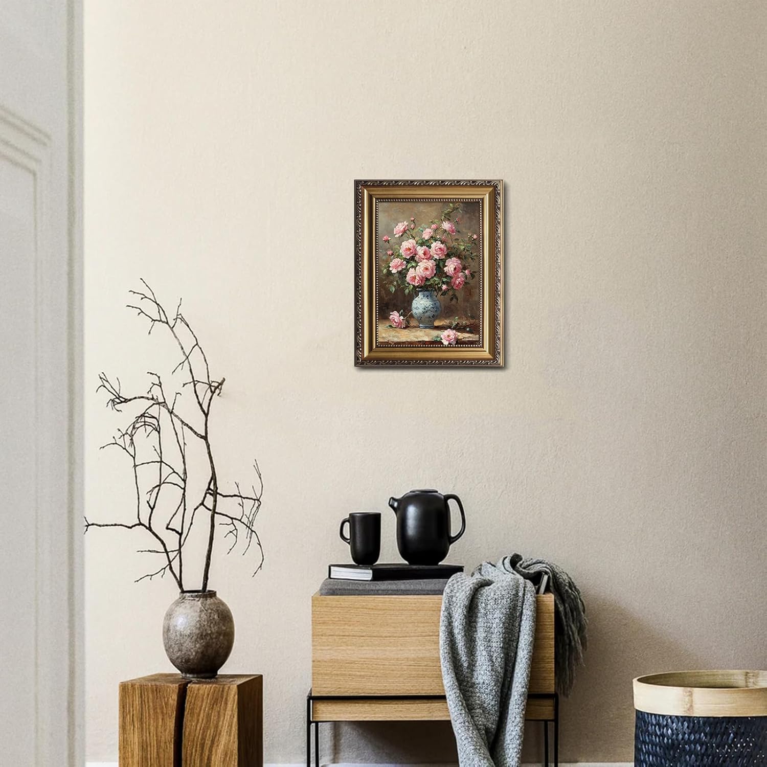 Gold Framed Wall art, Moody's Pink Peonies with Retro Gold Frame, Vintage Floral Wall Art Farmhouse Decor for Bedroom, Living Room, Bathroom, 9x12" Framed Canvas Print