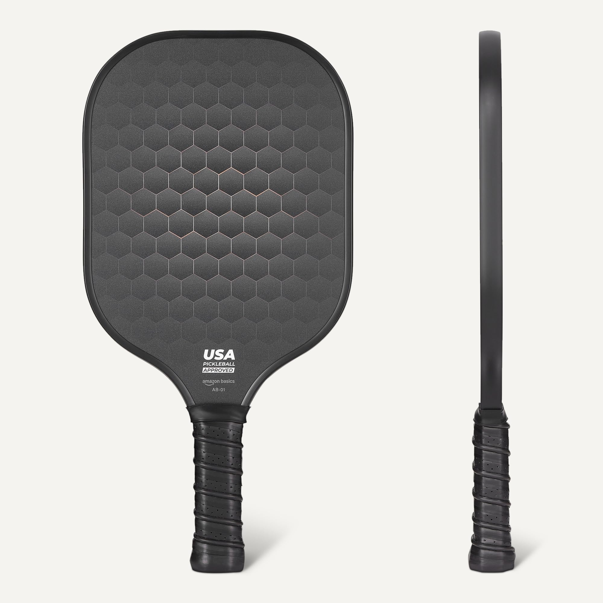 Amazon Basics Set di 2 Racchette da Pickleball Approvate USAPA con Telaio in Vetro, 4 Palline e 2 Impugnature, Nero Stealth
