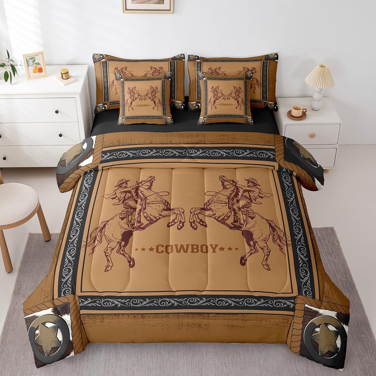 Erosebridal Western Queen 7 Piece Comforter Set with Sheets for Boys Men,Vintage Cowboy Brown Bedding Set Rustic Farmhouse Texas Star Bed in A Bag Wild West Cowboy Bed Set Room Decor