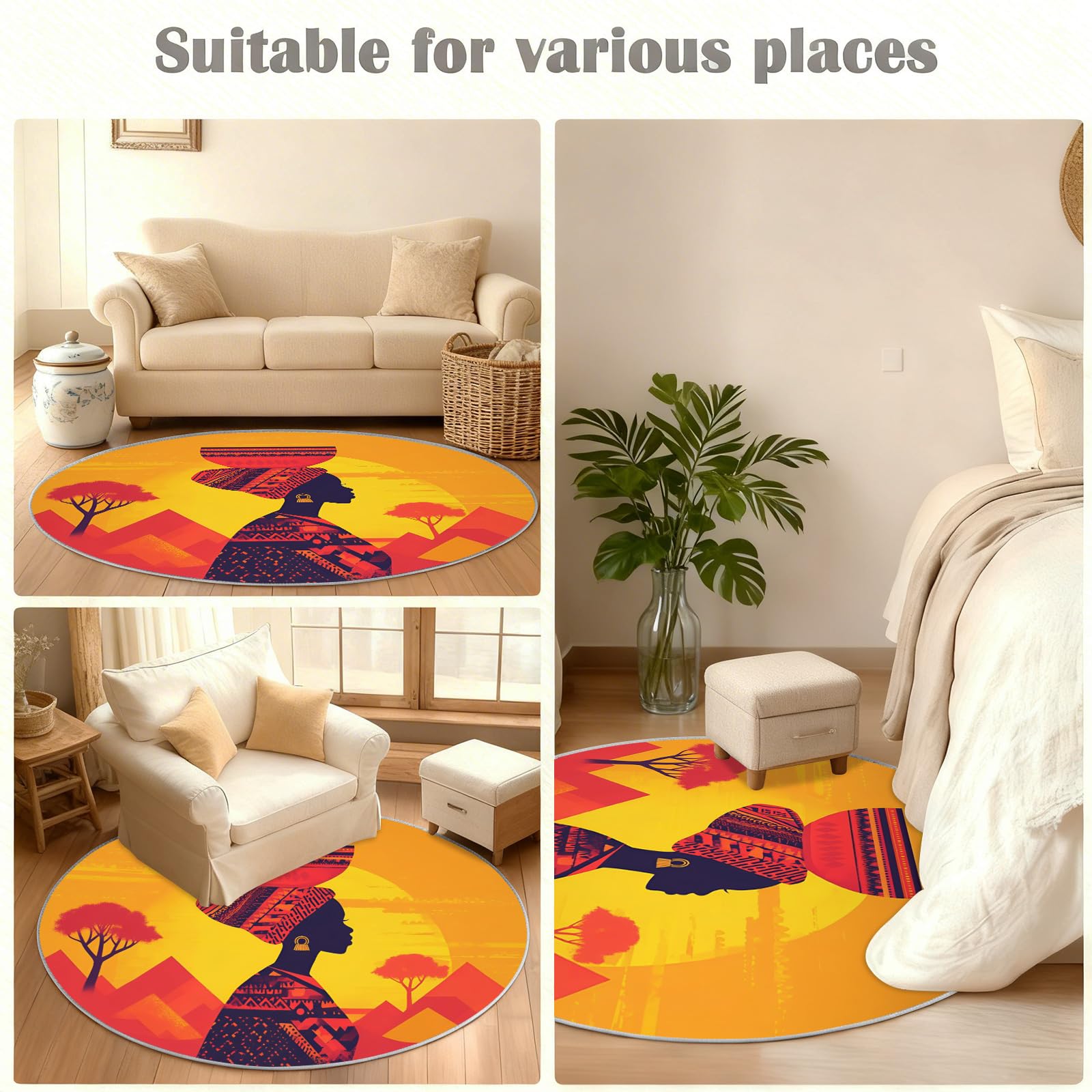 Générique Grand Tapis Rond Lavable à thème Africain pour Salon, Chambre à Coucher, Table à Manger, décoration d'intérieur - 160 cm
